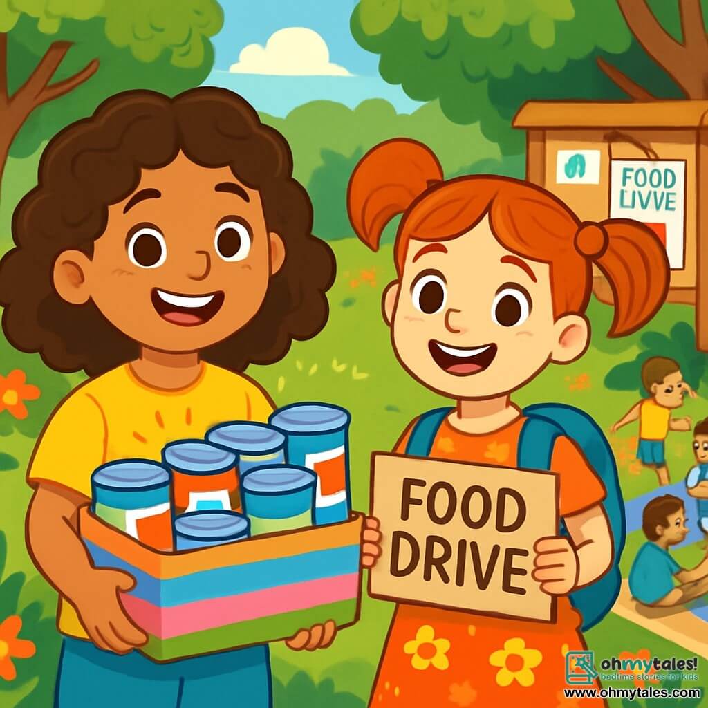 There are two main characters: - Lily: an 8-year-old girl with curly brown hair, a big smile, wearing a bright yellow t-shirt with a sun design. She holds a brightly decorated box full of canned goods. - Emma: an 8-year-old girl with red pigtails and sparkling eyes, dressed in a floral dress and carrying a blue backpack. She stands next to Lily, holding a cardboard sign that says "Food Drive." The main setting is a lush green park filled with majestic trees and colorful flowers. In the background, there is a large wooden bulletin board displaying food drive posters. Families sit on picnic blankets sharing homemade dishes, while children play joyfully around them. The main situation shows Lily and Emma, smiling and enthusiastic, collecting food cans from neighbors. The people around them are happy to participate, and the atmosphere is filled with warmth and camaraderie, with laughter and friendly exchanges.