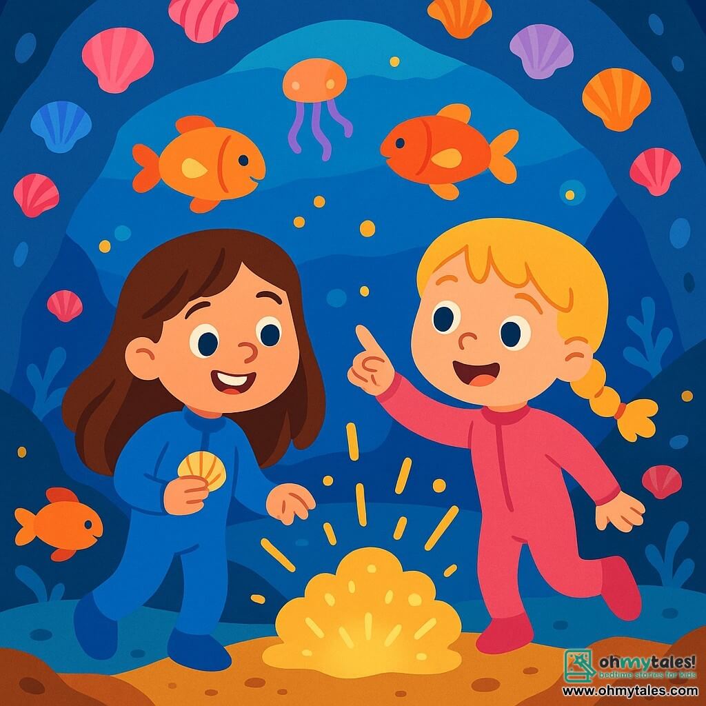 There are two main characters: Mia, a 7-year-old girl with long brown hair wearing a blue wetsuit. She has a big smile and is holding a small shell in her hand. Lily, a 7-year-old girl with braided blonde hair dressed in a pink wetsuit, is pointing at a bright light in the water. The main setting of the story is a beautiful underwater cave with walls shimmering with colorful shells, ranging from pink to blue, and golden lights emanating from the bottom of the water. Fish with glowing tummies swim around them, creating a magical atmosphere. The main situation shows Mia and Lily, amazed, discovering a sparkling treasure in the sand, surrounded by colorful fish dancing around them, while glowing jellyfish gently float in the water.