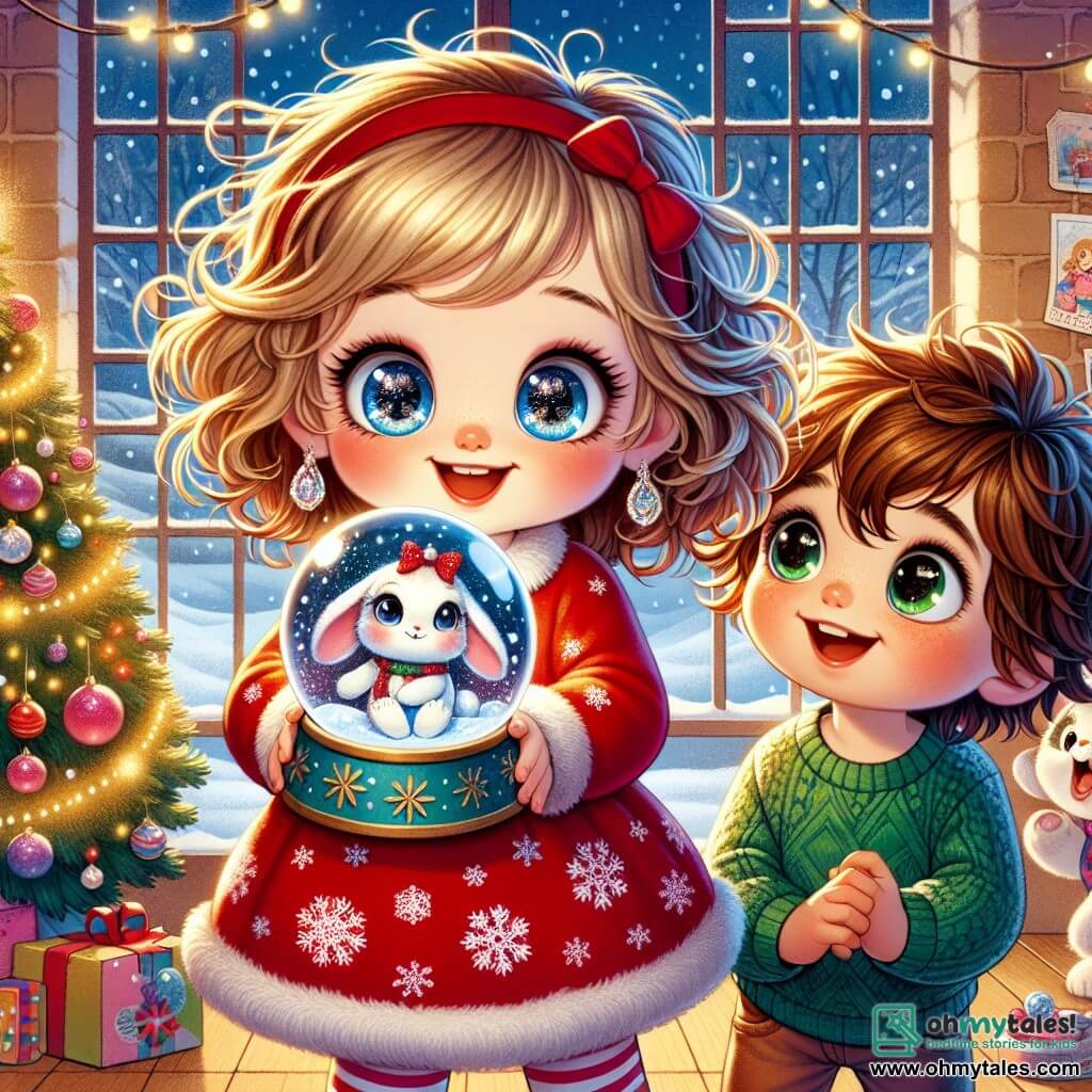 A 3-year-old girl with sparkling big eyes and curly blonde hair joyfully smiles while holding a shimmering snow globe in her hands. She wears a red dress with snowflake patterns and striped tights. Next to her, a 4-year-old boy with messy brown hair and a green sweater gazes at the globe in wonder, his eyes shining with curiosity. An adorable little white rabbit named Benny stands nearby, wearing a red bow around his neck, hopping with excitement. The scene takes place in a cozy common room of an orphanage, decorated with fairy lights and colorful ornaments, with windows revealing falling snow outside. A large Christmas tree sparkles in one corner, adorned with glittering decorations. The little girl and her friends are sharing the magic of Christmas, surrounded by colorful greeting cards and small gifts, radiating joy and friendship, ready to spread the spirit of Christmas around them.