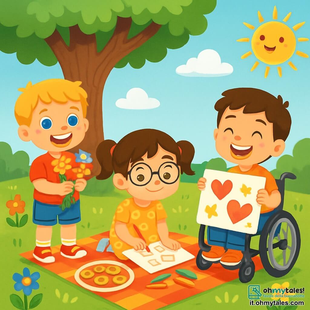 Ci sono 3 personaggi: - Luca: un ragazzo di 6 anni con capelli biondi e occhi blu brillanti. Indossa una maglietta rossa e pantaloni corti di jeans, sorridendo felicemente mentre tiene un mazzo di fiori colorati. - Sara: una ragazza di 6 anni con capelli castani raccolti in due codini e occhiali tondi. Indossa un vestito a fiori e è seduta su una coperta da picnic, mentre disegna con colori. - Marco: un ragazzo di 6 anni con capelli castani e un grande sorriso. È su una sedia a rotelle, vicino ai suoi amici, mentre tiene un grande disegno con cuori e stelle. I tre amici sono riuniti sotto un grande albero al parco, circondati da fiori vivaci e un prato verde. Il cielo è blu con alcune nuvole bianche e il sole splende, creando un'atmosfera gioiosa e calda. I bambini stanno preparando una sorpresa per la festa della mamma, con biscotti fatti in casa su una coperta colorata e risate che risuonano nell'aria. Stanno cantando e divertendosi, circondati dalla bellezza della natura.