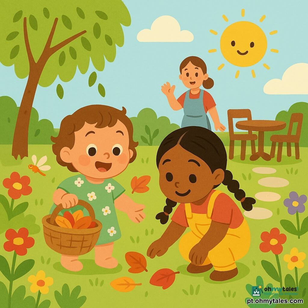 Menina de 2 anos, alegre e encantada, cabelos curtos castanhos encaracolados, bochechas redondas, veste vestido verde claro com pequenas flores brancas, segura uma cestinha de vime com folhas coloridas e estende a mão para uma folha no chão; amiga Ana, cerca de 3 anos, curiosa e risonha, cabelos pretos trançados, usa jardineira amarela e ajuda a recolher folhas, agachada ao lado; mãe, cerca de 30 anos, afetuosa, cabelo preso, de avental azul claro, ao fundo junto a uma mesa de jardim chamando sorrindo; jardim ensolarado com relva verde, canteiros de flores vermelhas, amarelas e violetas, uma pequena árvore, caminho de pedras redondas e céu azul; libélula ou borboleta laranja pousada numa flor próxima; atmosfera acolhedora, cores vivas, formas simples e contornos suaves, composição centrada e clara para crianças pequenas.