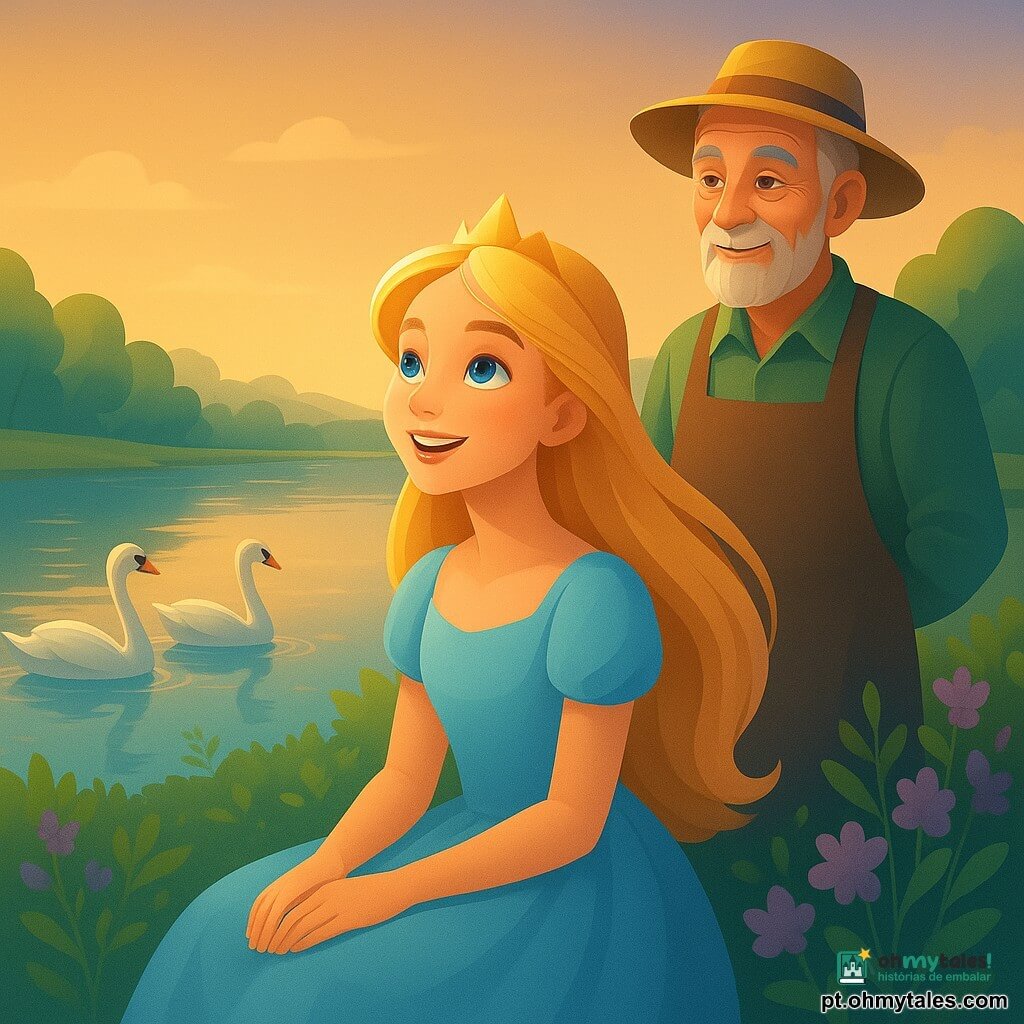 A princesa Elora, uma jovem de 16 anos, com cabelos brilhantes como fios de lua e olhos azul profundo, está sentada à beira do Lago de Cristal, um sorriso encantado iluminando seu rosto. Um velho jardineiro, Senhor Bruno, um homem de cerca de 70 anos, com olhos cintilantes e rugas benevolentes, está de pé a alguns passos, observando Elora com uma expressão sábia e calorosa. O lago cintila sob a luz da manhã, cercado por flores lilases e vegetação luxuriante, refletindo o céu dourado. Cisnes prateados deslizam graciosamente sobre a água, suas penas prateadas capturando a luz do sol. A cena captura um momento de descoberta e magia, onde a princesa ouve os sussurros do lago, cercada pela beleza natural e pela sabedoria compartilhada.
