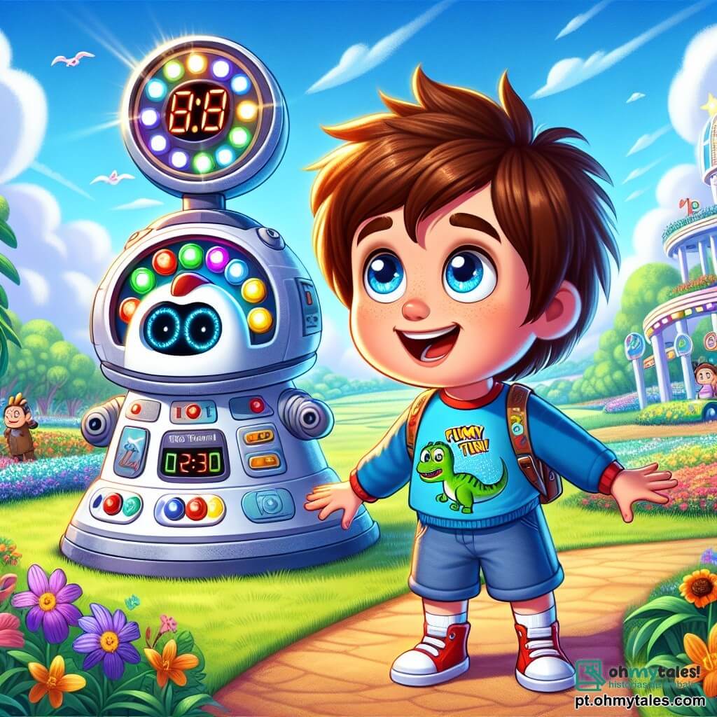 Um menino de 6 anos, Lucas, com cabelos castanhos bagunçados e olhos brilhantes de curiosidade, está em frente a uma máquina do tempo colorida, cheia de botões luminosos. Ele usa uma camiseta azul com um dinossauro desenhado e um short vermelho, e seu rosto expressa grande excitação e maravilha. Ao seu lado, seu amigo robô Tico, com forma redonda e luzes piscantes, sorri com olhos em forma de estrela, pronto para levá-lo a uma nova aventura. O cenário é um jardim verdejante, repleto de flores coloridas e árvores majestosas, sob um céu azul brilhante, com nuvens fofas e um arco-íris cintilante ao fundo, adicionando um toque mágico à cena. A situação principal mostra Lucas e Tico prestes a viajar no tempo, com Lucas levantando os braços, pronto para apertar um botão da máquina, enquanto Tico o encoraja com um sorriso amigável.