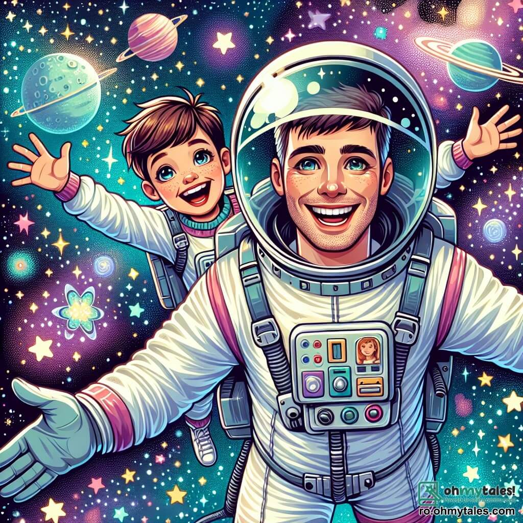 Un astronaut zâmbitor, un bărbat de aproximativ treize ani, cu o cască strălucitoare și un costum spațial alb decorat cu culori vii, flotând în spațiu, cu brațele deschise, uimit de frumusețea stelelor strălucitoare din jurul său. Lângă el, un băiat de opt ani, cu părul brun și ochii sclipitori, purtând un mic costum de astronaut, își ridică brațele râzând, plin de emoție, în timp ce plutește ușor în imponderabilitate. Fundalul este un vast cer înstelat, cu planete colorate, o lună strălucitoare și nebuloase în nuanțe pastelate care adaugă o notă magică scenei. Situația principală arată astronautul și băiatul împărtășind un moment de bucurie și uimire, explorând împreună imensitatea universului, pregătiți să trăiască aventuri extraordinare printre stele.