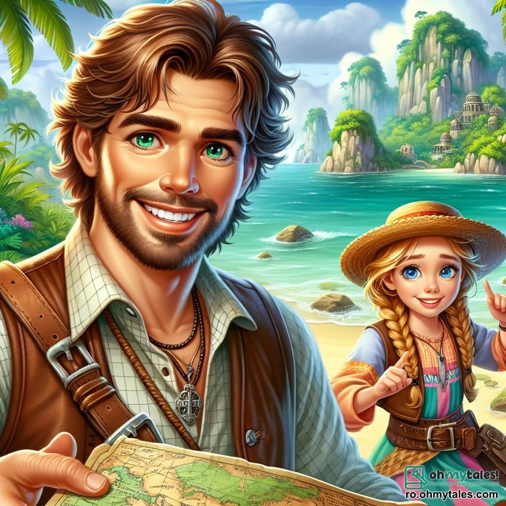 Un bărbat aventuros, Radu, stă în centrul imaginii, zâmbind larg, cu ochii strălucind de entuziasm. Are părul castaniu dezordonat, o barbă ușoară și poartă o cămașă cu carouri, o vestă din piele și o pălărie de paie. Ține o hartă veche într-o mână și arată cu degetul o direcție, exprimându-și entuziasmul pentru aventura ce urmează. Lângă el, o fetiță, Elena, în vârstă de aproximativ 10 ani, privește harta cu curiozitate. Are părul lung blond împletit, ochi albaștri strălucitori și poartă o rochie colorată cu cizme din piele. Este ușor în retragere, dar fața ei exprimă determinare și dorința de a explora. Fundalul este o plajă cu nisip fin, mărginită de palmieri verzi și o mare turcoaz strălucitoare sub soare. În fundal, se vede o insulă misterioasă învăluită în ceață, cu munți abrupți și ruine vechi care ies din vegetația luxuriantă. Situația principală arată cum Radu și Elena se pregătesc să îmbarce într-o mică barcă din lemn, nerăbdători să navigheze spre insula secretă, pregătiți să descopere comorile ascunse și să trăiască o aventură de neuitat.