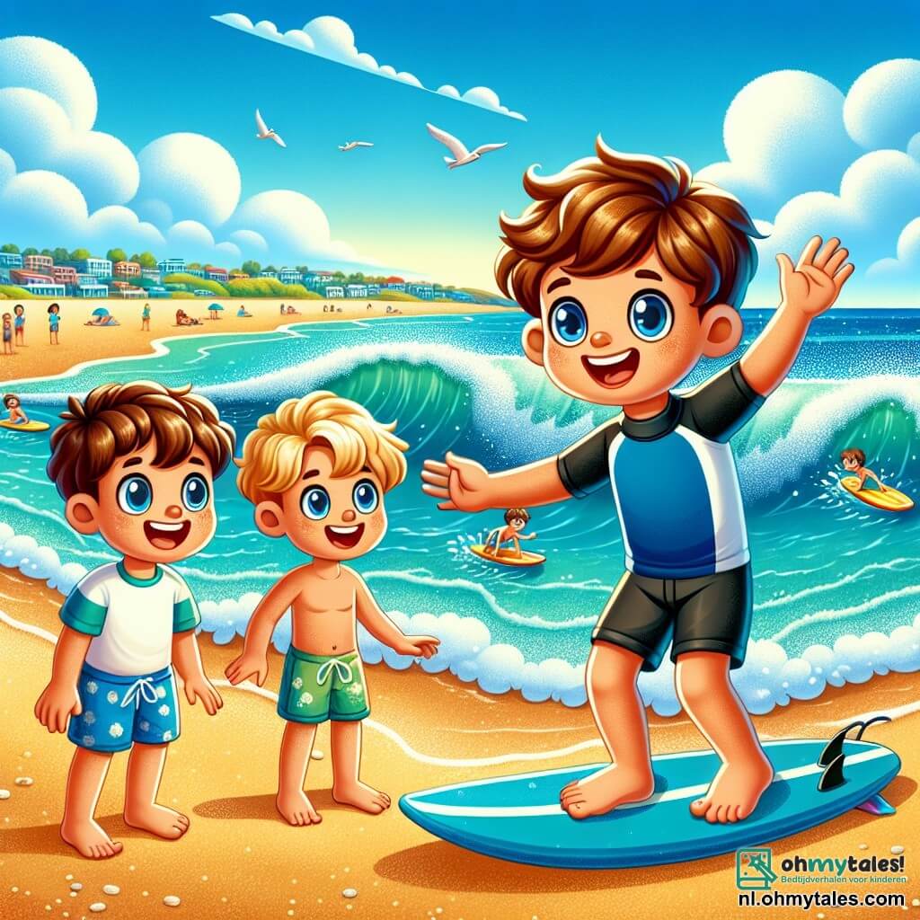 Op een zonnige scène op Bondi Beach staan drie jongens van acht jaar vrolijk op het gouden zand. Max, een jongen met bruin, krullend haar, draagt een blauwe zwembroek en glimlacht breed, klaar om te surfen. Rechts van hem staat Sam, met blond haar en een zonnebril, die enthousiast met zijn armen zwaait terwijl hij op zijn beurt wacht. Links kijkt Liam, met kastanjebruin haar en een rood t-shirt, met grote ogen naar de golven, ongeduldig om het water in te gaan. Op de achtergrond breken de turquoise golven van de oceaan zachtjes op de kust, terwijl surfers over de glinsterende golven glijden. De lucht is helderblauw met een paar donzige witte wolken, en gezinnen ontspannen op kleurrijke handdoeken, wat een vrolijke en levendige sfeer creëert. De hoofdscène toont de jongens, staande op hun surfplanken, lachend en in het water vallend, terwijl een ervaren surfer hen aanmoedigt met een grote glimlach. De energie van avontuur en vriendschap is voelbaar, wat de geest van een perfecte dag op het strand vastlegt.