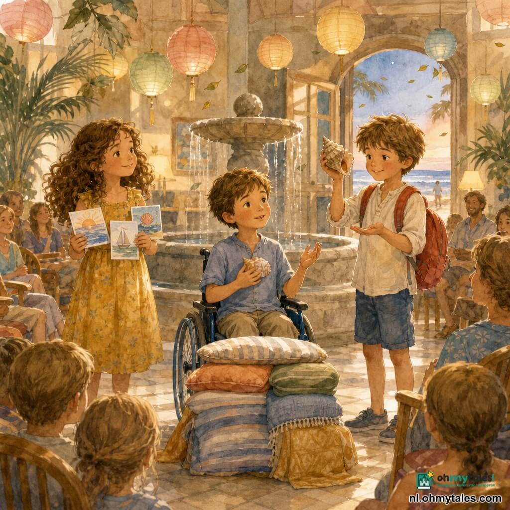 Drie 8‑jarige kinderen geven een kleine, improviserte voorstelling op een podium van kussens in een lichte hotelhal bij avond: Finn, kort bruin haar, rustig gezicht, zit in een kleine blauwe rolstoel vooraan en houdt een schelp tegen zijn hart terwijl hij zacht naar het publiek spreekt; Noor, krullend kastanjebruin haar en gele jurk met motieven, staat links en toont kleurrijke tekeningen op kaarten; Sam, warrig steil haar, staat rechts en klopt met een schelp tegen zijn hand om het geluid van de golven na te bootsen. Achter hen een ronde stenen fontein, pastelkleurige lampionnen aan het plafond, enkele houten stoelen met families, een open deur naar het strand en gouden avondlicht, zachte warme sfeer en enkele bladeren die door de bries binnenwaaien.