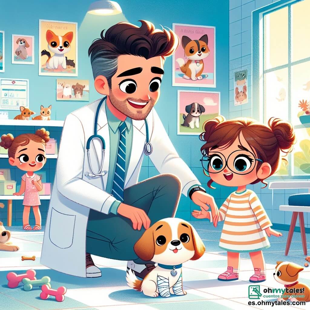 El doctor Tomás, un hombre de unos treinta años, lleva una bata blanca brillante y un estetoscopio alrededor del cuello. Tiene una gran sonrisa cálida y ojos chispeantes de bondad. Está agachado, acariciando suavemente la cabeza de una perrita llamada Luna, que tiene una pata vendada y una mirada agradecida. Sofía, una niña de 6 años con cabello castaño y rizado, está a su lado, con los ojos muy abiertos de asombro. Sostiene un hueso de plástico en su mano, lista para dárselo a Luna. Mateo, un niño de 5 años con gafas redondas y cabello rubio, está un poco más atrás, observando la escena con una gran sonrisa, con las manos en las caderas, lleno de admiración. La escena tiene lugar en una clínica veterinaria luminosa, con paredes pintadas de azul pastel y carteles coloridos de animales. Hay juguetes para mascotas esparcidos por el suelo, y una gran ventana deja entrar la luz del sol, iluminando el espacio. El doctor Tomás examina la pata de Luna, hablándole suavemente para tranquilizarla, mientras Sofía y Mateo observan con curiosidad y entusiasmo, listos para aprender a cuidar de los animales.
