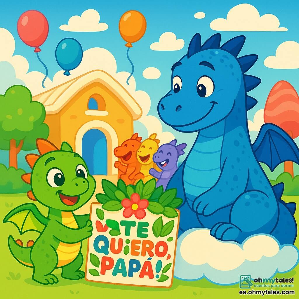 Un pequeño dragón verde llamado Nico, con grandes ojos brillantes y una amplia sonrisa, se encuentra frente a un gran cartel colorido hecho de hojas y flores, en el que está escrito "¡Te Quiero, Papá!" en letras alegres. Nico está lleno de orgullo y emoción, con sus alas ligeramente desplegadas, listo para sorprender a su papá. A su lado, su papá dragón, un gran dragón azul con escamas brillantes y ojos dulces, mira el cartel con una sonrisa emocionada. Está sentado sobre una gran nube esponjosa, rodeado de otros papás dragones que ríen y conversan alegremente. La escena transcurre en una escuela mágica, con paredes de nubes y árboles de caramelos, bajo un cielo azul brillante salpicado de nubes esponjosas. Globos coloridos flotan alrededor, añadiendo un toque festivo a la atmósfera. Nico, lleno de entusiasmo, presenta su regalo a su papá, mientras que otros niños y papás los rodean, compartiendo risas y momentos de felicidad.