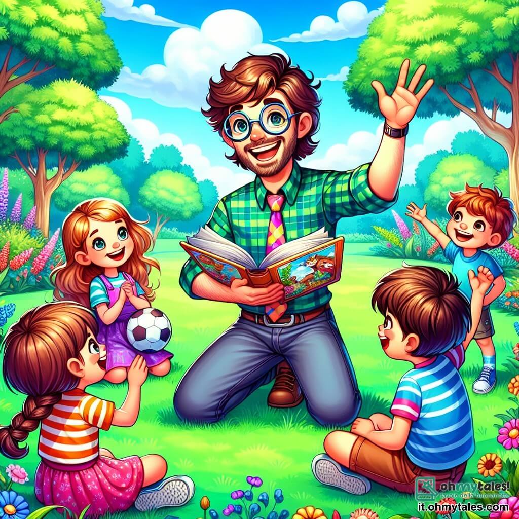 Un insegnante, un uomo di circa trent'anni, sorridente ed entusiasta, si trova al centro dell'immagine. Ha capelli castani, occhiali tondi e indossa una camicia a quadri colorata, tenendo un libro aperto tra le mani. Il suo volto irradia gioia ed eccitazione mentre legge una storia ai suoi alunni. Alla sua destra, una bambina di 8 anni, Sara, con lunghi capelli biondi intrecciati e un vestito rosa, alza la mano con entusiasmo, pronta a fare una domanda. Alla sua sinistra, un ragazzo di 9 anni, Luca, con capelli castani disordinati e una maglietta blu, sorride tenendo un pallone da calcio sotto il braccio, pronto a giocare dopo la lettura. La scena si svolge in un parco verdeggiante, pieno di alberi maestosi, fiori colorati e un prato verde dove i bambini sono seduti in cerchio attorno al loro insegnante. Il cielo è di un blu brillante, punteggiato da alcune nuvole bianche e soffici. La situazione principale mostra l'insegnante che cattura l'attenzione dei bambini con una storia affascinante sugli animali del bosco, mentre i bambini, meravigliati, ascoltano attentamente, impazienti di partecipare e condividere le loro idee.