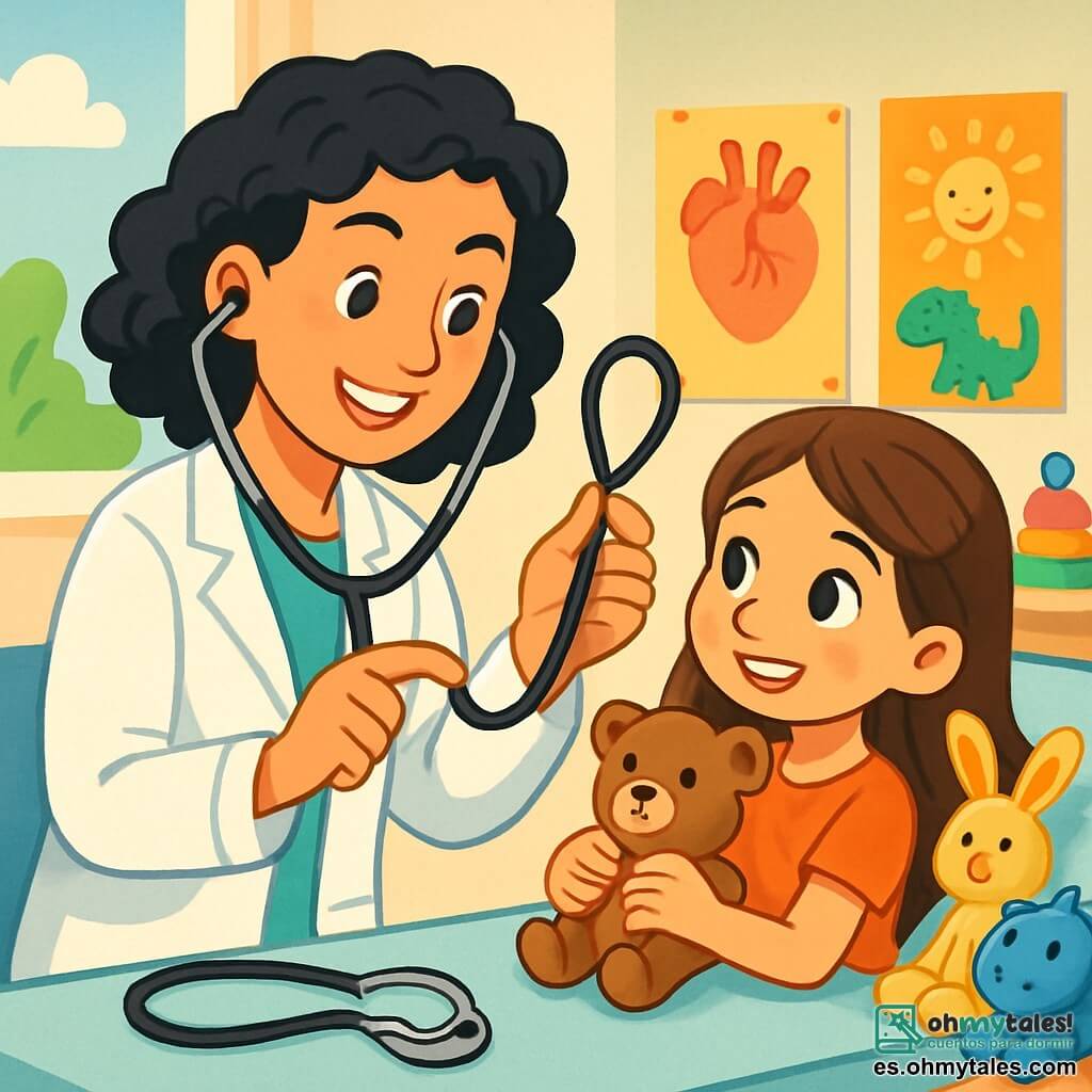 La doctora Sofía, una mujer de unos treinta años con cabello negro y rizado, lleva una bata blanca impecable. Su rostro irradia bondad y determinación, mientras sonríe calurosamente a una joven paciente. Clara, una niña de nueve años con cabello largo castaño y ojos brillantes, está acostada en la mesa de examen, rodeada de peluches reconfortantes. Mira a la doctora con una mezcla de emoción y curiosidad, sosteniendo un pequeño oso de peluche en sus brazos. La escena tiene lugar en una sala de examen luminosa y acogedora de la clínica, con carteles coloridos en las paredes, juguetes esparcidos y un estetoscopio brillante sobre la mesa. La situación principal muestra a la doctora Sofía explicando a Clara cómo funciona un estetoscopio, mientras Clara escucha atentamente, lista para descubrir los secretos de su cuerpo.