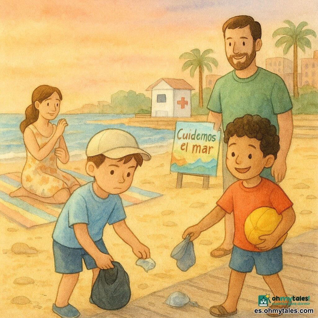 Hay cuatro personajes: Tomás, niño de 6 años, pelo corto castaño, rostro serio pero dulce, lleva pantalón corto azul y gorra clara, sostiene una pequeña bolsa para basura y recoge una tapita de plástico junto al borde del agua (izquierda, primer plano); Nico, niño de 6 años, pelo rizado negro, sonrisa amplia, camiseta roja, sujeta una pelota bajo el brazo y ayuda a Tomás a recoger plástico con una concha usada como pala (a la derecha de Tomás, algo atrás); la mamá de Tomás, mujer de unos 35 años, pelo largo recogido, piel clara, vestido ligero estampado, sentada sobre una gran toalla a rayas, se aplica spray solar y mira a los niños con ternura (fondo izquierdo); el papá de Tomás, hombre de unos 36 años, pelo corto y barba ligera, camiseta verde, sostiene una pequeña bolsa de tela para tirar la basura y sonríe con orgullo, de pie detrás de los niños a la derecha. Lugar: playa urbana al atardecer con arena dorada, paseo de madera, pequeñas rocas planas y un muelle bajo, palmeras y edificios lejanos en acuarela, olas tranquilas con espuma blanca, un puesto de salvamento blanco y un cartel colorido «Cuidemos el mar» cerca del muelle. Situación: los dos niños recogen pequeños residuos en la orilla para ponerlos en la bolsa, con gestos precisos y tranquilos; el agua dorada refleja el cielo rosado; los padres los vigilan con ternura y orgullo; ambiente cálido y colaborativo, centrado en la acción de limpieza y la conexión familiar.