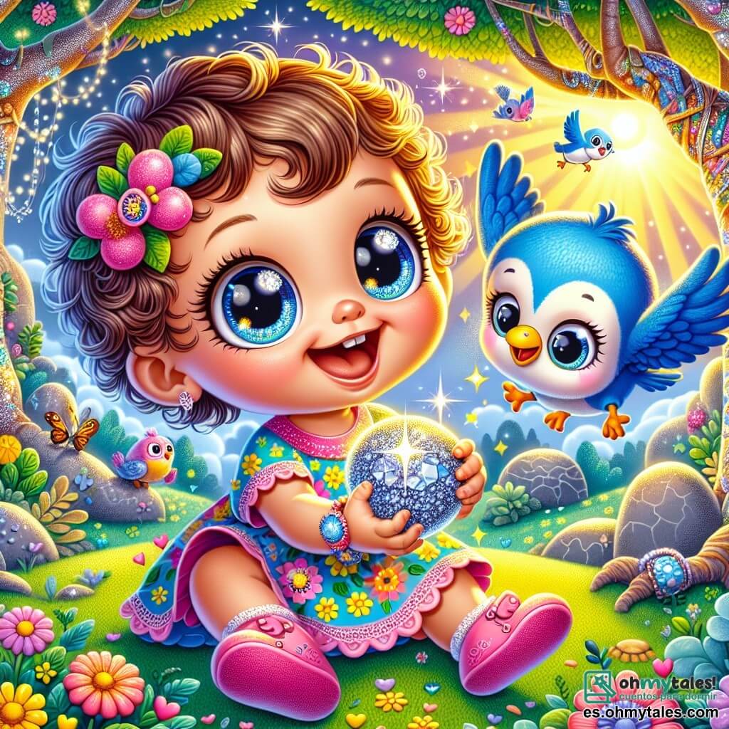 Una niña de 1 año, llamada Lila, con grandes ojos brillantes y cabello rizado, sonríe con alegría mientras sostiene una piedra brillante en sus pequeñas manos. Lleva un vestido colorido con motivos de flores y zapatitos rosas. A su lado, un pájaro azul llamado Pepe, con plumaje brillante y un pico curioso, vuela alegremente a su alrededor, emitiendo pequeños "chirp, chirp" de emoción. El escenario se sitúa en un pequeño bosque encantado, lleno de árboles con troncos retorcidos y hojas brillantes, donde los rayos de sol filtran a través de las ramas, creando una atmósfera mágica. Flores multicolores crecen por todas partes, añadiendo un toque de alegría al paisaje. La situación principal muestra a Lila y Pepe flotando en el aire, rodeados de nubes con forma de animales divertidos, como un elefante y un león, mientras la piedra mágica brilla intensamente entre sus manos, simbolizando la aventura y la magia que les espera.