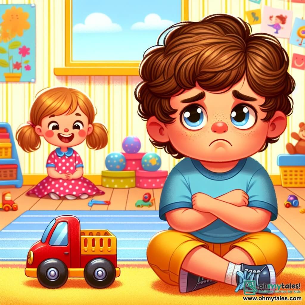 A 4-year-old boy with curly brown hair is wearing a blue t-shirt and yellow shorts. His face shows sadness and jealousy, with furrowed brows and bright eyes. He is sitting on a soft carpet with crossed arms, looking at a little girl next to him. The girl, Mia, also 4 years old, has long, smooth hair in two pigtails. She is wearing a pink polka-dot dress and happily playing with a shiny red truck, rolling it on the floor. She is sitting right next to Leo, smiling at him with a friendly look. The scene takes place in a bright, colorful classroom with yellow walls and children's drawings on display. Toys are scattered on the floor, and a reading corner with colorful cushions is visible in the background. Leo feels a strong emotion of jealousy as he watches Mia play with the red truck, while Mia is joyfully making the toy vroom.