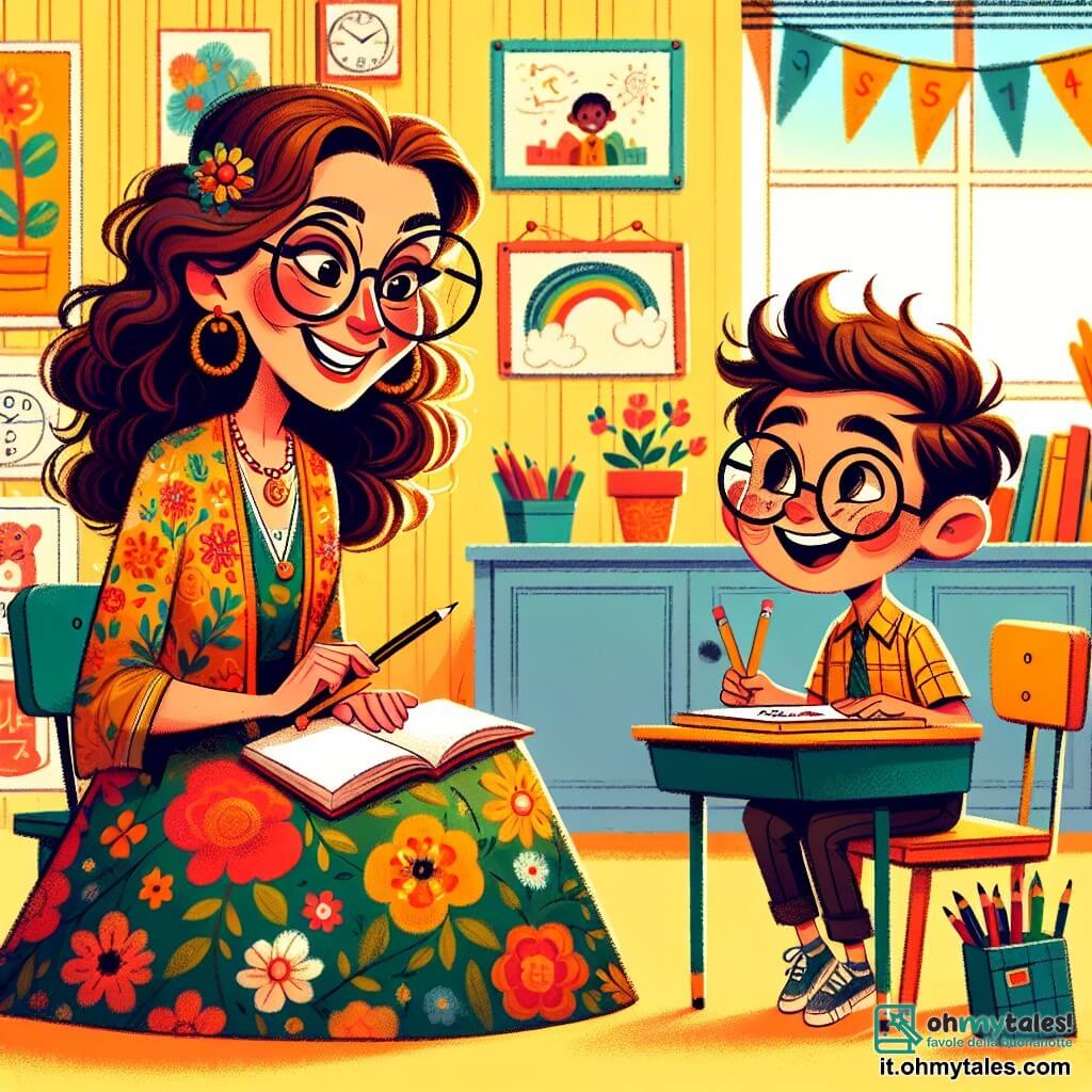 La Maestra Clara è una donna di circa trent'anni, con capelli castani ricci e occhiali tondi che le conferiscono un'aria saggia e amichevole. Indossa un abito colorato a fiori e un grande sorriso radioso, mentre si inginocchia accanto a Luca per aiutarlo con un esercizio di matematica. Luca è un ragazzo di 8 anni, con capelli castani in disordine e occhi brillanti di eccitazione. È seduto su una piccola sedia, con una matita in una mano e un quaderno nell'altra, guardando la Maestra Clara con ammirazione. La scena si svolge in un'aula luminosa, con pareti gialle decorate da disegni di bambini, scaffali pieni di libri colorati e finestre aperte che lasciano entrare la luce del sole. La situazione principale mostra la Maestra Clara e Luca in piena lezione, dove la Maestra spiega gioiosamente le forme geometriche a Luca, che sembra sempre più sicuro e felice, circondato da matite e libri, pronti a esplorare insieme il mondo della matematica.