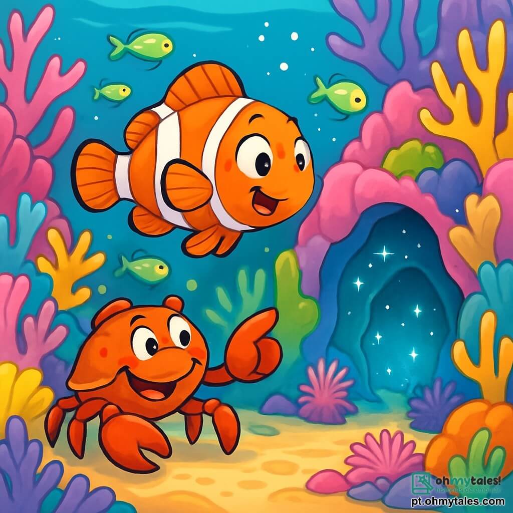 Um peixinho-palhaço chamado Léo, com escamas laranja vibrante e listras brancas, nada entusiasticamente em um labirinto de corais coloridos, seus olhos brilhando de curiosidade e deslumbramento. Ao seu lado, um velho caranguejo chamado Sebastião, com uma carapaça vermelha e garras imponentes, sorri calorosamente, mostrando uma expressão amigável e sábia, enquanto aponta para um caminho secreto entre os corais. O cenário é um recife de coral vibrante, repleto de corais em tons de rosa, roxo e amarelo, onde peixes fluorescentes dançam ao redor deles, iluminando a água cristalina. A situação principal mostra Léo descobrindo uma caverna misteriosa, cercado por luzes cintilantes e anêmonas dançantes, enquanto se prepara para explorar esse novo lugar fascinante com seu amigo Sebastião.
