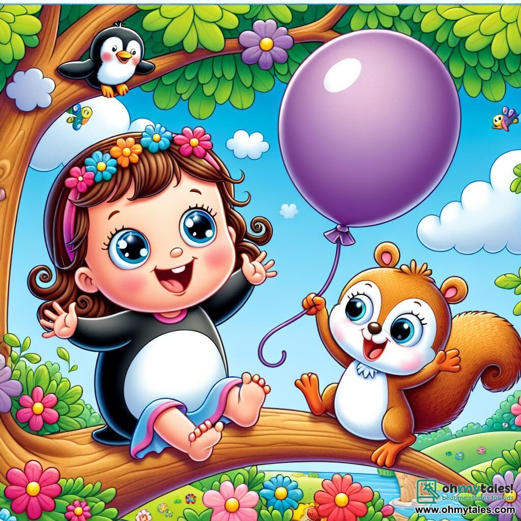 A 3-year-old girl with sparkling big eyes and curly brown hair is sitting on a tree branch, smiling widely with her arms stretched towards a purple balloon floating just above her. Beside her, a penguin named Percy, with black and white feathers and curious round eyes, stands on the branch with his flippers raised, looking joyful and excited, ready to help her catch the balloon. Below, a mischievous squirrel named Sammy, with red fur and a bushy tail, watches with his paws raised, laughing at the situation. The setting is a colorful garden filled with bright flowers and green trees under a clear blue sky dotted with fluffy white clouds. The scene depicts the girl and the penguin joyfully jumping to catch the balloon, while the squirrel cheers them on below, creating a playful and lively atmosphere.