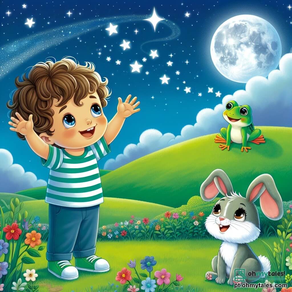 Um menino de 4 anos chamado Léo, com cabelos cacheados e olhos brilhantes de curiosidade, está em pé em uma colina verdejante, com um grande sorriso iluminando seu rosto. Ele levanta os braços para o céu estrelado, maravilhado com a beleza das estrelas que brilham acima dele. Ao seu lado, uma coelhinha chamada Lila, com grandes orelhas e pelagem macia, observa Léo com olhos brilhantes de empolgação. Ela está sentada na grama, com as patas dianteiras cruzadas, pronta para compartilhar seus sonhos. Um pouco mais longe, um sapo chamado Tico, com pele verde vibrante e olhos redondos, salta alegremente, como se quisesse alcançar as estrelas. O cenário é uma colina suave e verde, salpicada de flores coloridas, sob um céu noturno cheio de estrelas cintilantes. A lua brilha suavemente, iluminando a paisagem com uma luz prateada. A cena principal mostra Léo e seus amigos sonhando juntos, levantando os braços para o céu, imaginando jardins de cenouras gigantes e aventuras fantásticas, enquanto a estrela brilhante acima deles parece responder a seus sonhos, brilhando ainda mais intensamente.
