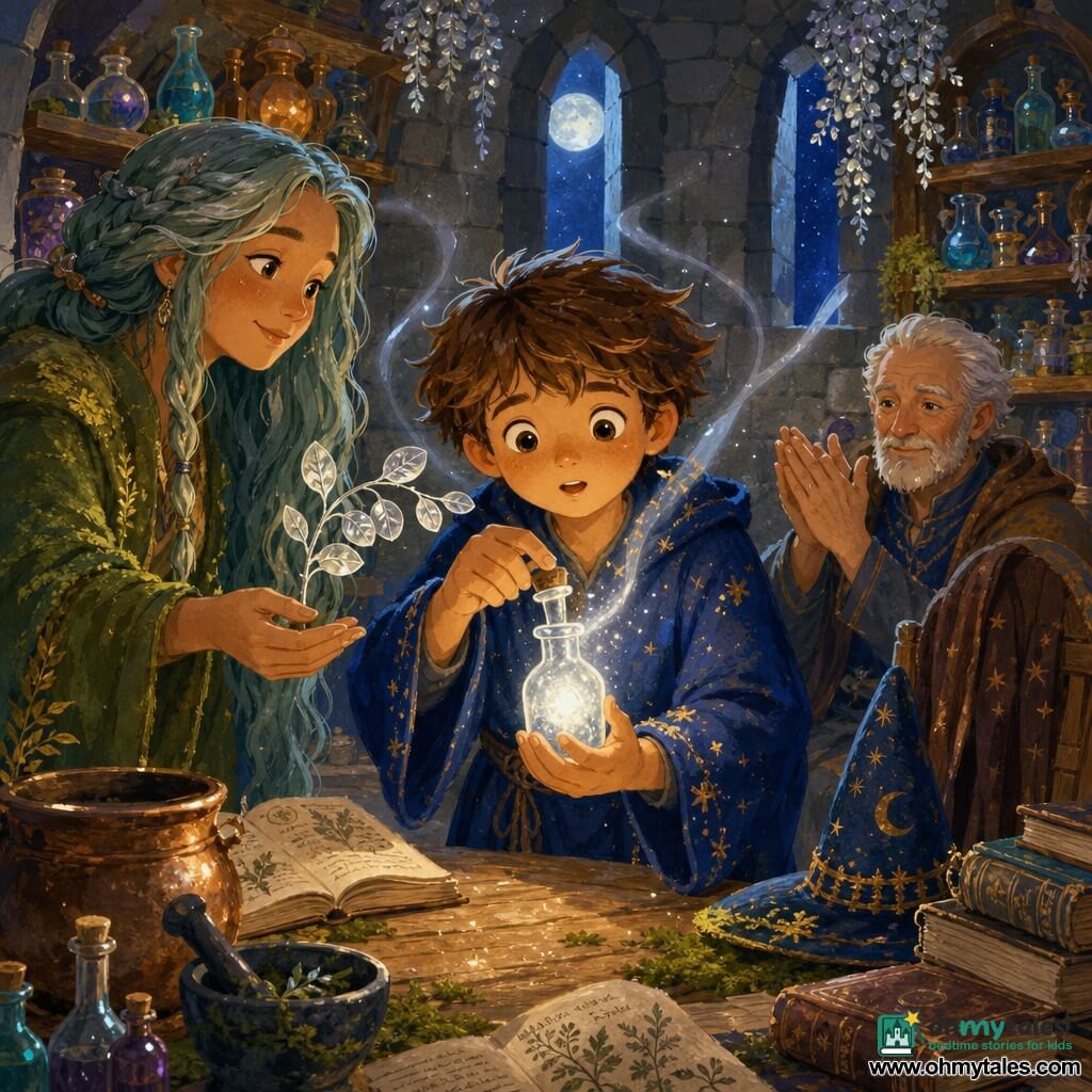 A round-towered workshop lit by bluish moonlight: a curious 9-year-old apprentice with a round face, wide bright eyes and messy brown hair wears a deep blue short robe dusted with gold; he looks focused and moved (determined gaze, furrowed brow) as he gently uncorks a small glass vial containing a silvery light. To his left Silene, a quiet 40-year-old herbalist with slightly tanned skin and long gray-green braided hair in a moss-green cloak, smiles softly and extends a moonwort branch toward the vial. Behind a large wooden table, a relieved older master wizard, about 60, white hair and short beard, sits applauding gently, his brown cloak thrown over a chair beside a dusty hat. The stone-walled circular room has narrow windows, curved shelves of glass jars with colored liquids, stacks of cracked-bound books, copper cauldrons, hanging silver-leaved plants and patches of moss; silver mist curls around the figures and light-dust bursts from the vial, creating a warm, magical, relieved atmosphere focused on the glowing vial and the characters’ hands, rendered in soft gouache-like colors with visible brushstrokes.