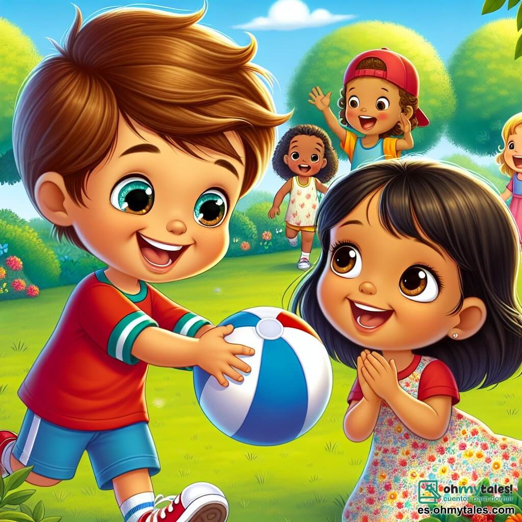 Un niño de 4 años, Tomás, con cabello castaño y ojos brillantes, sonríe alegremente mientras le muestra a una nueva amiga cómo jugar a la pelota. Lleva una camiseta roja y un short azul, y su rostro expresa entusiasmo y amabilidad. A su lado, Lina, una niña de 4 años con cabello negro y piel caramelo, observa la pelota con curiosidad. Ella lleva un vestido colorido con flores y parece un poco tímida pero feliz de aprender. Al fondo, Ana, otra niña de 4 años con cabello rubio y piel clara, aplaude con una gran sonrisa, animando a Lina. La escena tiene lugar en un parque verde, lleno de árboles majestuosos y flores coloridas, bajo un cielo azul y soleado. Las risas de los niños resuenan a su alrededor, creando una atmósfera alegre y acogedora. La situación principal muestra a Tomás enseñando a Lina cómo jugar a la pelota, ilustrando así el tema de la tolerancia y la amistad entre niños de diferentes orígenes.