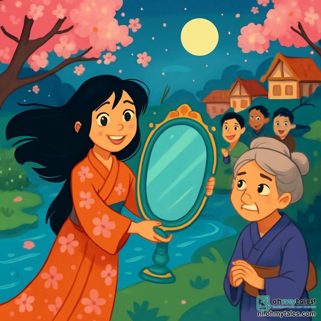 Yumi, een vrouw zo licht als een veertje, draagt een kimono met kersenbloesemmotieven, terwijl haar lange zwarte haren zachtjes in de wind wapperen. Haar gezicht straalt een zachte en nieuwsgierige glimlach uit terwijl ze bij de schitterende rivier staat, de dorpelingen met verwonderde ogen observerend. Naast haar staat een oude vrouw van ongeveer 70 jaar met grijs haar in een knot en een versleten obi. Haar gezicht is door de tijd getekend, maar haar ogen stralen hoop uit terwijl ze naar de rivier kijkt. De omgeving is betoverend: kersenbomen in bloei omringen de rivier, hun roze bloemblaadjes vallen als sneeuw. De maan straalt hoog aan de hemel en werpt een zilveren licht op het kalme water, waar reflecties dansen. De hoofdscène toont Yumi die een prachtige glazen spiegel in het midden van het dorp plaatst, terwijl de nieuwsgierige en opgewonden dorpelingen dichterbij komen om hun wensen te ontdekken. De sfeer is gevuld met anticipatie en verwondering, maar ook met een lichte spanning, omdat de oude vrouw zich zorgen lijkt te maken over de verlangens van anderen.