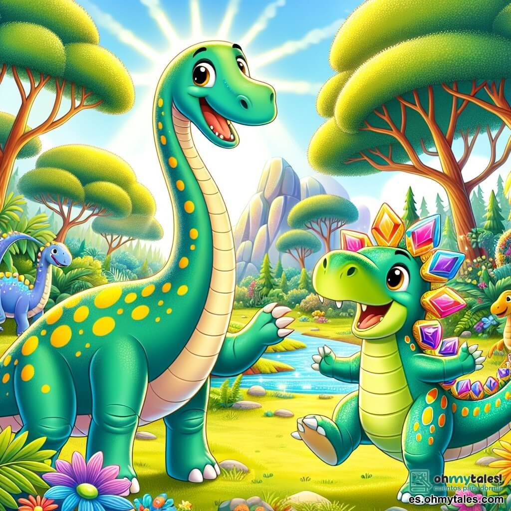 Un diplodocus alegre, con un largo cuello y una piel verde brillante salpicada de manchas amarillas, se encuentra en el centro de la escena, sonriendo con ojos chispeantes de emoción. A su lado, un estegosaurio colorido llamado Teko, con placas en forma de diamante en su espalda, baila alegremente, sus ojos brillando de felicidad. La escena tiene lugar en un claro soleado de la jungla prehistórica, rodeado de árboles gigantes con hojas exuberantes y flores de colores vivos, mientras un arroyo brilla cerca, añadiendo un toque de magia al entorno. Dino y Teko celebran su nueva amistad bailando alrededor de una hermosa torre construida con piedras preciosas, iluminada por los rayos del sol, mientras otros dinosaurios los observan con asombro, creando una atmósfera festiva y alegre.