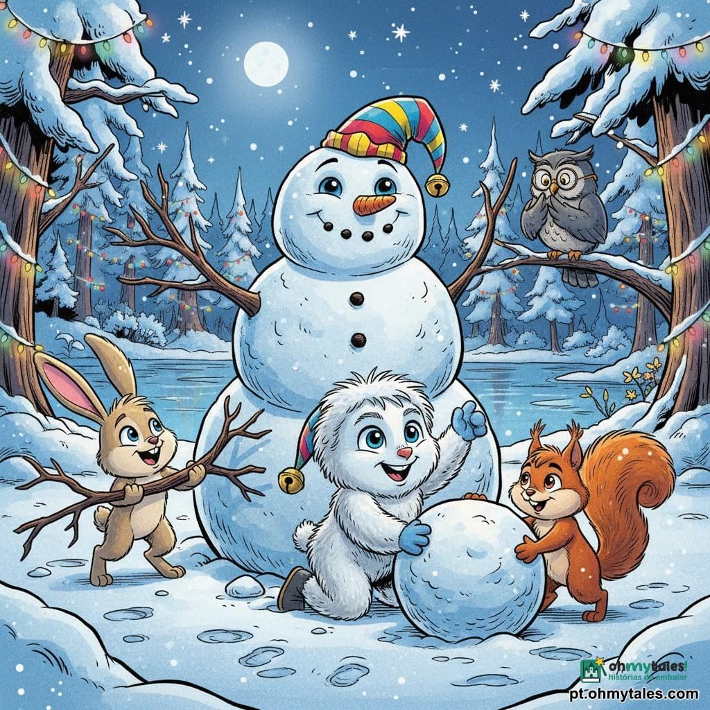 Floco, personagem principal: pequeno ser fantasioso de pelagem branca e olhos azuis, alegre e orgulhoso, colocando um chapéu colorido na cabeça de um enorme boneco de neve ajoelhado na neve com pegadas ao redor; Lila, a lebre: pequena coelha bege de grandes orelhas rosadas, sorriso animado, segurando um galho para o braço do boneco, à esquerda de Floco; Tico, o esquilo: esquilo castanho-avermelhado de olhar malicioso, empurrando a última bola de neve à direita de Floco com alguns flocos presos à pelagem; Professor Coruja: coruja cinzenta de óculos, empoleirada numa galha baixa ao fundo, observando benevolente e aplaudindo discretamente; local: lago gelado junto a uma floresta encantada com árvores cobertas de neve brilhante e guirlandas multicoloridas, céu crepuscular com lua e estrelas e reflexos suaves no gelo; situação: festa de inverno em que amigos revelam um boneco de neve gigante — clima caloroso, luzes coloridas, risos, composição centrada no boneco e no trio em ação; estilo gráfico: traço nítido tipo comics, cores vivas com predominância de tons frios (azuis, brancos, prata), texturas detalhadas de pelagem e neve, iluminação suave ao luar e brilho quente das guirlandas.