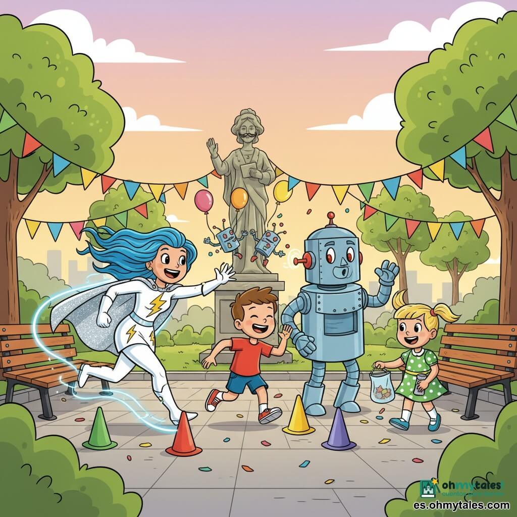 Aurora Centella, heroína sonriente y decidida con mechones azul eléctrico y capa plateada brillante, traje con rayos amarillos, corre dejando una estela luminosa azul y extiende la mano para animar; junto a ella, Robo-Ruido, gran robot amigo de metal pulido con remaches y ojos rojos amables, rueda silbando y aplaude; un niño de 7 años de pelo castaño con camiseta roja salta riendo sobre un cono; una niña de 6 años con trenzas rubias y vestido verde ayuda a recoger confeti con una bolsita; tres mini-robots cilindro juguetones esquivan globos y pintan bigotes imaginarios en una estatua; escena en un parque urbano pavimentado con césped, bancos, árboles y banderolas, confeti y conos por el suelo; situación: carrera de relevos alegre y limpieza colectiva al atardecer; estilo: colores vivos y contrastados, contornos marcados, curvas exageradas, texturas brillantes y expresiones claras y cálida atmósfera lúdica.