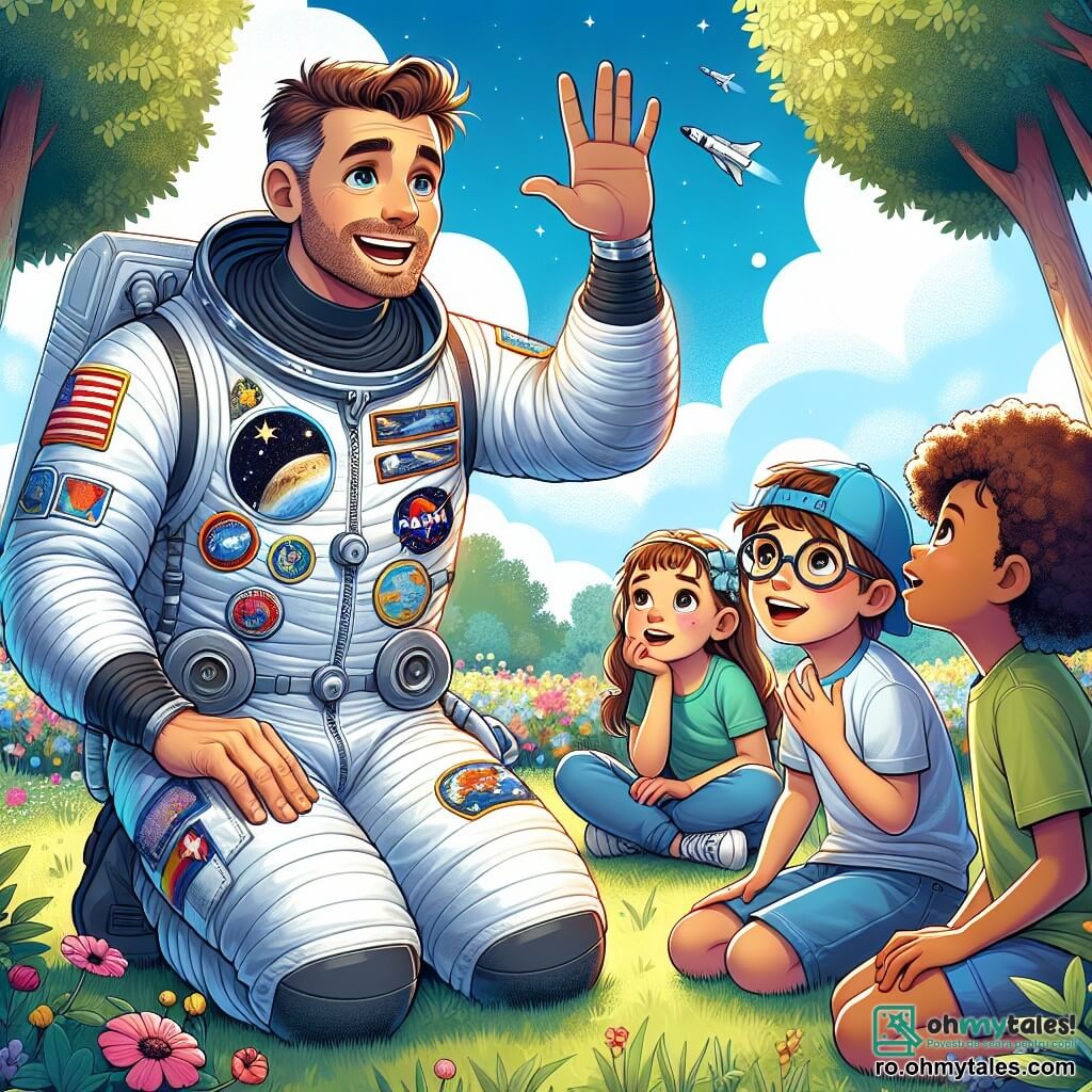 Un astronaut, un bărbat de aproximativ 40 de ani cu părul brunet și o barbă ușoară, zâmbește cu entuziasm în timp ce povestește istorii fascinante despre spațiu. Poartă un costum spațial alb strălucitor, împodobit cu patch-uri colorate care reprezintă diferite misiuni. Lângă el, o fetiță numită Ioana, în vârstă de 8 ani, cu părul creț și ochi strălucitori de curiozitate, îl ascultă cu atenție, cu mâinile pe genunchi, uimită de poveștile lui. Un băiat numit Dominic, în vârstă de 9 ani, cu ochelari rotunzi și o șapcă albastră, stă puțin mai în spate, ridicând mâna pentru a pune o întrebare, având un aer nerăbdător și excitat. Scena se desfășoară într-un parc însorit, înconjurat de copaci verzi și flori colorate, cu copii așezați pe iarbă, captivați de astronaut. În fundal, se poate vedea un cer albastru deschis presărat cu câteva nori albi pufoși. Situația principală arată astronautul împărtășind povești despre aventurile sale în spațiu, în timp ce copiii îl ascultă cu uimire, visând să devină și ei exploratori ai stelelor.