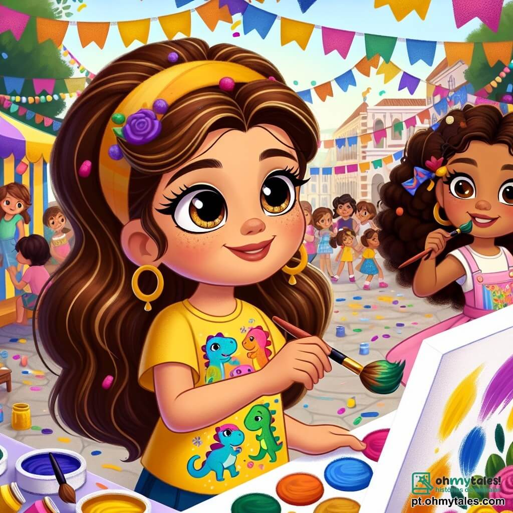 No centro da imagem, uma menina de 10 anos, Clara, com longos cabelos castanhos e olhos brilhantes de curiosidade, está pintando uma tela colorida. Ela usa uma camiseta amarela com desenhos de dinossauro, e seu rosto expressa alegria e orgulho enquanto sorri ao olhar sua obra. Ao lado dela, sua melhor amiga Lúcia, também de 10 anos, com cabelos cacheados e um vestido rosa, a incentiva com um grande sorriso, segurando uma paleta de pintura nas mãos. Ao fundo, uma grande praça animada está decorada com balões coloridos e guirlandas, cheia de crianças brincando e rindo, com barracas de jogos e atividades criativas. A cena transmite uma atmosfera festiva e acolhedora, ilustrando o momento em que Clara descobre sua autoconfiança ao expressar sua criatividade através da pintura.