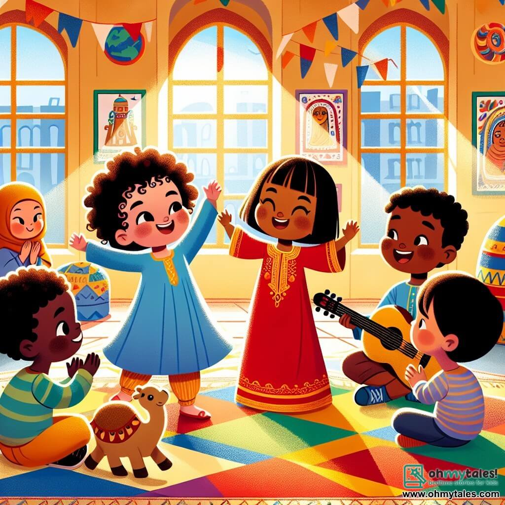 A 4-year-old girl named Mia, with curly hair and sparkling brown eyes, joyfully dances in a circle of friends. She wears a colorful dress and has a big smile, filled with excitement and happiness. Next to her is a 5-year-old boy named Omar, with dark skin and short hair, playing with a small stuffed camel representing his home country, Egypt. He stands slightly back, laughing and encouraging Mia to dance. A little further away, a 4-year-old girl named Mei, with smooth black hair and light skin, wears a traditional red dress and claps while watching Mia, her eyes shining with joy. Finally, a 6-year-old boy named Carlos, with tanned skin and curly hair, plays the guitar while sitting on a small bench, smiling at his friends dancing, adding to the festive atmosphere. The setting is the Cultural Center, a large colorful building with blue and yellow walls, decorated with children's drawings representing cultures from around the world. Large windows let in sunlight, illuminating the room filled with colorful rugs and cushions. The main scene shows Mia and her friends dancing together, celebrating their diversity and friendship, surrounded by laughter and music, creating a joyful and warm atmosphere.