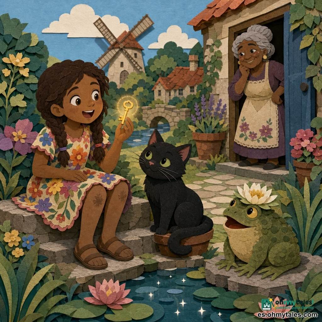 Una niña de 10 años, feliz y maravillada, sostiene una pequeña llave dorada que brilla; es morena con trenzas, vestido floral, rodillas algo sucias, ojos grandes y brillantes, sentada en un escalón de piedra contando una historia. Un gato negro de ojos verdes, encantador y sonriente, escucha agazapado a su lado con la cola enroscada en una jardinera. Un sapo sabio, verde con corona de nenúfares, croa tranquilamente junto a un pequeño estanque sobre una piedra baja frente a la niña. La abuela (~70 años) aparece en la puerta al fondo, pelo gris recogido en moño, con delantal y sonrisa traviesa. El jardín es un rincón de pueblo luminoso con camino de piedras, arbustos floridos, un viejo molino y un estanque brillante. La llave emite un tenue halo luminoso y los animales escuchan como si hubiera magia en el aire.