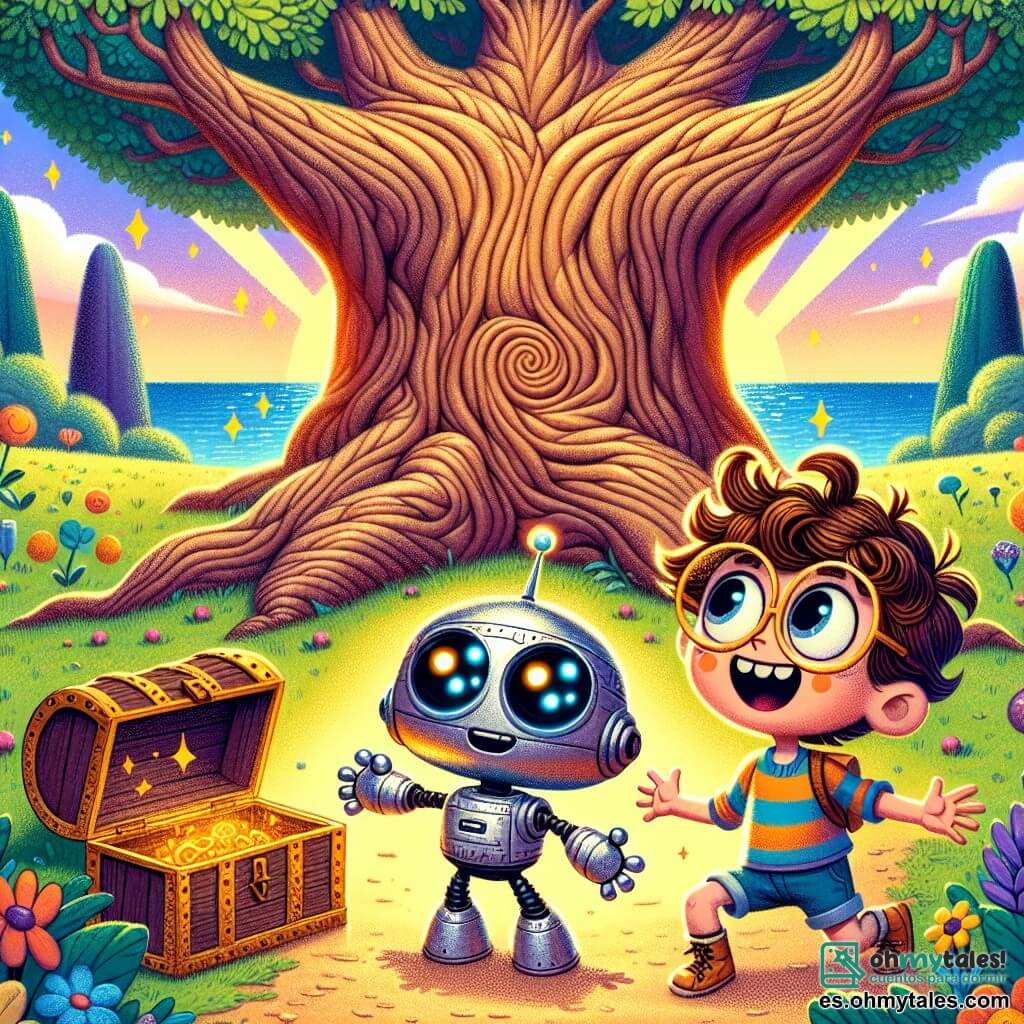 En el centro de la imagen, un pequeño robot llamado Roby, con un cuerpo brillante y ojos parpadeantes de colores vivos, expresa una gran curiosidad. Se encuentra frente a un viejo roble majestuoso, con los brazos abiertos, como si estuviera listo para descubrir un secreto oculto. A su derecha, Luna, una niña de cabello rizado y ojos brillantes, lleva un vestido colorido y muestra una sonrisa de emoción. Sostiene un viejo pergamino en sus manos, mirando el roble con asombro. A la izquierda, Max, un niño con gafas redondas y cabello desordenado, se inclina sobre un antiguo cofre de madera, con aire concentrado e intrigado. Lleva una camiseta a rayas y un pantalón corto, y parece listo para abrir el cofre y revelar su contenido misterioso. El escenario se desarrolla en un parque soleado, con árboles exuberantes, flores de colores brillantes y un lago resplandeciente al fondo. La escena muestra el momento en que los amigos descubren el cofre misterioso al pie del roble, listos para desvelar el secreto del parque, con una atmósfera de aventura y magia en el aire.