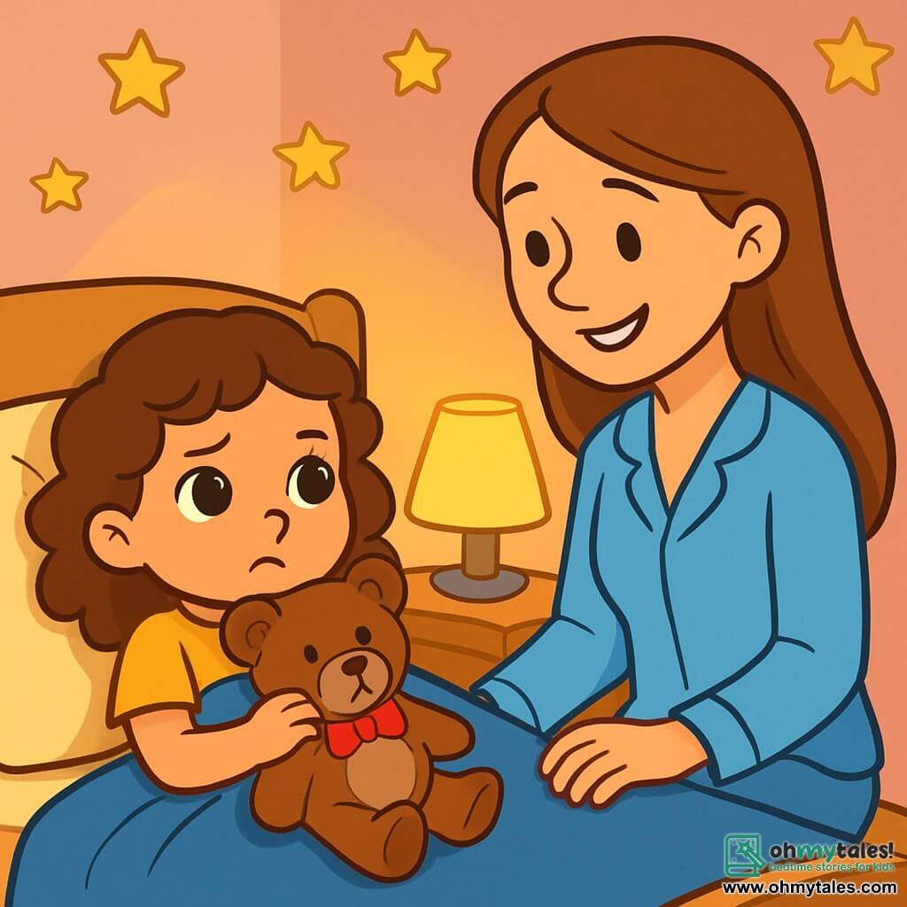 A 4-year-old girl with big sparkling brown eyes and curly hair is lying in her bed. She has a worried yet determined expression, holding her teddy bear, Teddy, against her chest. Teddy is a brown bear with a red bow around its neck, looking comforting. Her mother, a gentle woman in her 30s, sits on the edge of the bed with a soothing smile. She has long, smooth hair and is wearing light blue pajamas. She affectionately looks at her daughter, ready to sing her a lullaby. The room is cozy, with pastel pink walls and golden stars stuck to the ceiling. A small nightlight emits a soft yellow glow, casting shadows on the walls. The main situation shows the little girl, though slightly scared of the dark, feeling comforted by her mother's presence and her teddy bear. She is ready to face her fears, with a mix of worry and courage on her face.