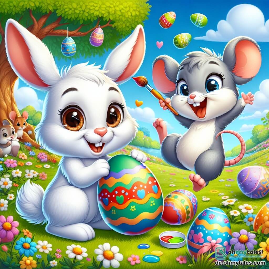 Hopsi, ein niedlicher kleiner Hase mit weißen Ohren und fröhlich funkelnden braunen Augen, malt ein Osterei in leuchtenden Farben und lächelt dabei. Neben ihm springt Mimi, eine kleine graue Maus mit einem langen, dünnen Schwanz, vor Freude und hält einen bunten Pinsel in der Hand, ihre Augen leuchten vor Aufregung. Die Szene spielt auf einer sonnigen Wiese mit bunten Blumen und einem großen Baum mit üppigem grünem Laub im Hintergrund. Rundherum sind dekorierte Ostereier verstreut, die der Szene eine festliche Note verleihen. Hopsi und Mimi sind mit ihren tierischen Freunden beschäftigt, enthusiastisch die Dekorationen für das große Osterfest vorzubereiten, was eine fröhliche und lebendige Atmosphäre schafft.