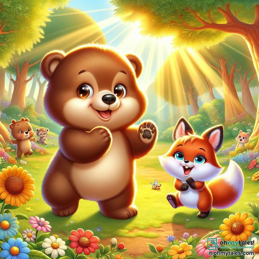 Un piccolo orso bruno con un peluche morbido e occhi brillanti, con un grande sorriso di felicità, si trova al centro di una radura soleggiata, circondato da fiori colorati e alberi maestosi. Alla sua destra, una piccola volpe dai peli rossi brillanti e dagli occhi maliziosi, saltellando di gioia, alza una zampa per applaudire, piena di entusiasmo. A sinistra, un adorabile coniglio bianco con grandi orecchie e un'aria curiosa, che sorride ampiamente, tiene una torta al miele tra le zampe, pronto a condividerla. La scena si svolge in una radiosa radura, bagnata di luce dorata, dove i raggi di sole filtrano tra le foglie degli alberi, creando un gioco di ombre e luci sul terreno ricoperto di fiori selvatici. I personaggi celebrano insieme una grande festa dell'amicizia, circondati da altri animali della foresta, in un'atmosfera gioiosa e festosa, con palloncini colorati che fluttuano nell'aria e risate che risuonano attorno a loro.