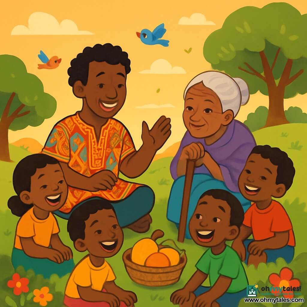 A man named Kofi, smiling and warm, with brown skin and curly hair, is sitting on a green hill surrounded by colorful flowers. He wears a light fabric tunic with African patterns, and his gaze is gentle and kind. Next to him, an elderly woman, around 70 years old, with gray hair and a wrinkled face, smiles while holding a wooden cane. She sits on the grass, listening attentively to Kofi. A group of children, boys and girls aged about 8 to 10, sits around them, their eyes shining with excitement, some laughing and others listening in wonder. The setting is a gentle hill bathed in the golden light of the setting sun, with majestic trees in the background and colorful birds flying in the sky. Juicy fruits like mangoes and oranges are arranged in a wicker basket next to Kofi. The main scene shows Kofi sharing stories and laughter with the children, creating a moment of joy and camaraderie, while a gentle breeze makes the leaves dance around them.