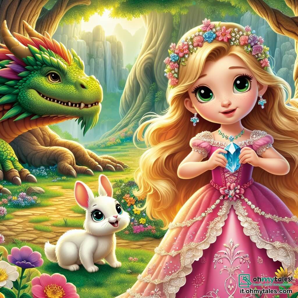 La principessa Isabella, una ragazza di circa 10 anni, è al centro della scena, con lunghi capelli dorati che fluttuano nel vento. Indossa un magnifico abito rosa decorato con fiori scintillanti e ha un'espressione di determinazione e coraggio. Accanto a lei, un piccolo coniglio dalle grandi orecchie, con pelliccia bianca e occhi vivaci, la guarda con ammirazione, pronto ad aiutarla nella sua missione. Un maestoso drago, con squame verdi brillanti e occhi dolci, si trova leggermente indietro, mostrando una postura protettiva, pronto a difendere i suoi nuovi amici. La scena si svolge in una radura incantata, circondata da alberi giganti dai tronchi nodosi e foglie dai colori vivaci. Isabella, con il suo cristallo blu brillante in mano, si rivolge coraggiosamente al drago, proponendogli di diventare il custode del regno e di proteggere tutti gli animali del bosco.