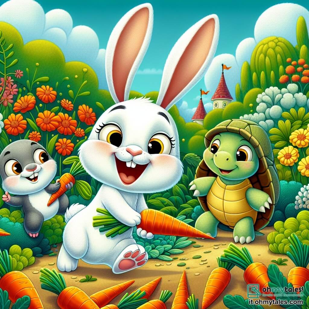 Un adorabile coniglio bianco con grandi orecchie e un sorriso malizioso salta gioiosamente in un giardino colorato alla ricerca di carote. Accanto a lui, un piccolo topo grigio con occhi scintillanti corre ridendo, tenendo una carota di plastica tra le zampe. Più lontano, una tartaruga con il guscio verde e occhi dolci avanza lentamente, sorridendo mentre osserva i suoi amici con tenerezza. Il giardino è pieno di fiori vivaci, cespugli folti e carote di plastica che brillano al sole. Sullo sfondo, un cielo azzurro chiaro con alcune nuvole soffici aggiunge un tocco di magia alla scena. La situazione principale mostra il trio di amici che scopre con sorpresa un mucchio di carote di plastica, ridendo insieme di questa divertente scoperta, circondati dalla bellezza del giardino.