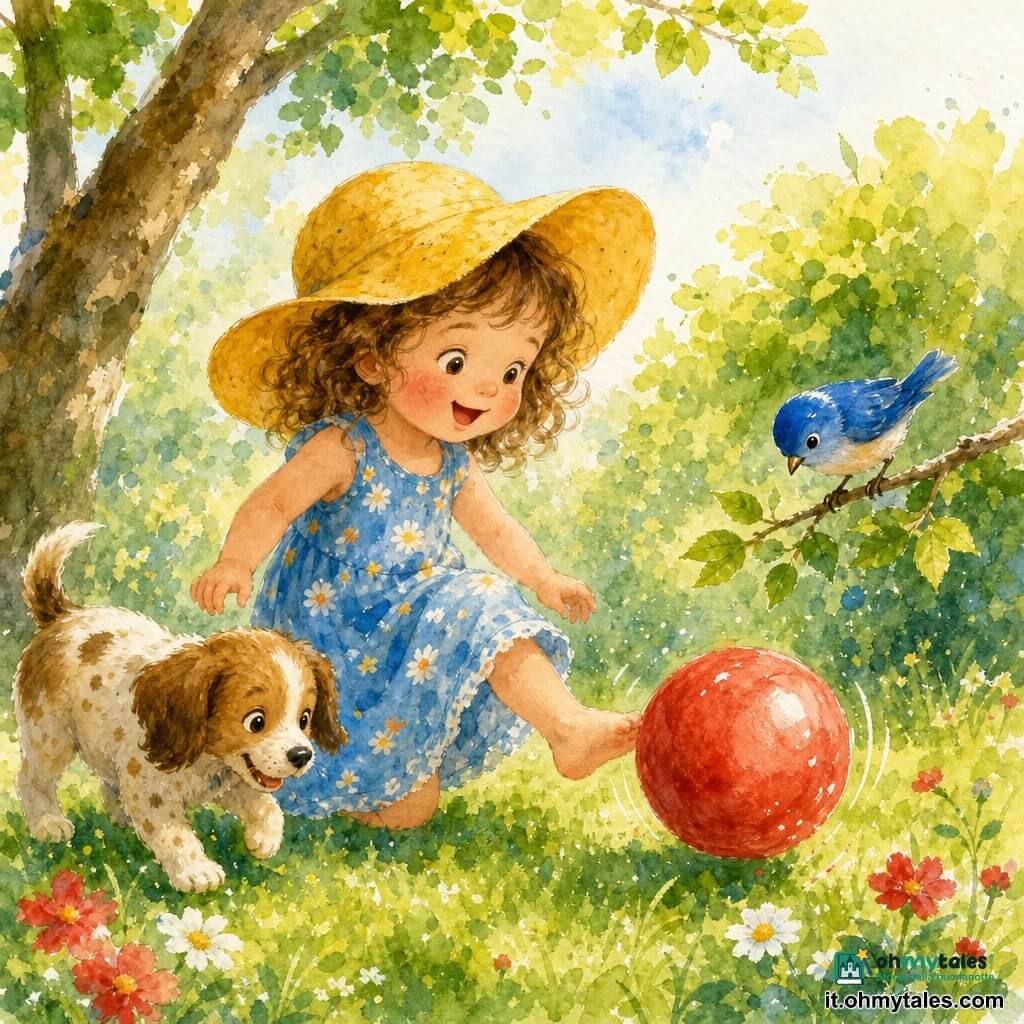 Bambina di 2 anni sorridente e curiosa, capelli castani ricci, grande cappello giallo e vestito a fiori blu; è inginocchiata e spinge con il piede una grossa palla rossa che fa «toc-toc» rotolando; vicino a lei su un ramo basso un piccolo uccellino blu vivace inclina la testa verso la palla; accanto alla bambina un cucciolo marrone macchiato dalle orecchie cadenti scodinzola con il muso rivolto alla palla; giardino luminoso con erba verde, un grande albero a sinistra, un cespuglio a foglie verde chiaro e qualche fiore rosso e bianco; espressioni stupite e gioiose, movimento delicato della palla, atmosfera giocosa e sicura