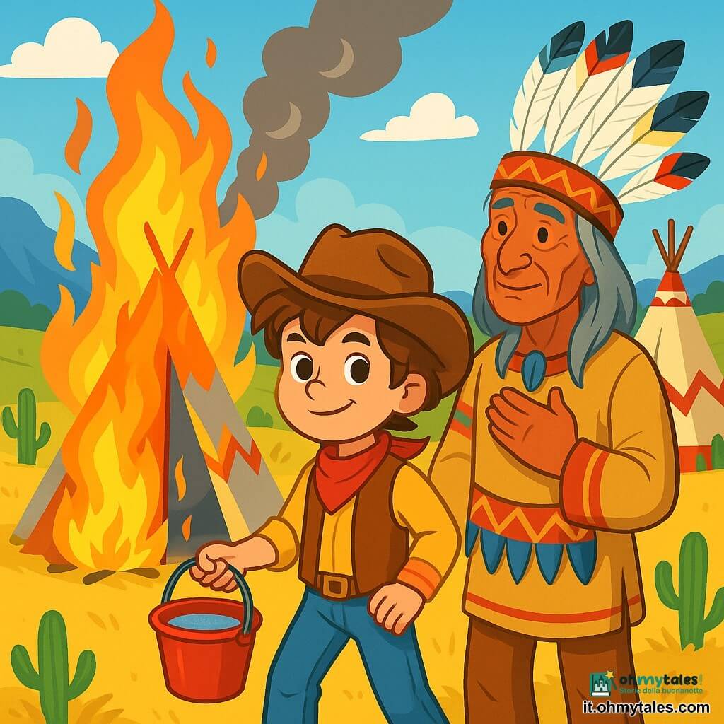 Un giovane cowboy, Luca, un ragazzo di 10 anni con occhi scintillanti e capelli castani arruffati, si trova coraggiosamente davanti a un accampamento indiano in fiamme. Il suo viso esprime determinazione, con un leggero sorriso, mentre indossa un cappello da cowboy usurato e un gilet di pelle. Accanto a lui, il capo indiano, un uomo anziano con lunghi capelli grigi e pelle abbronzata, osserva la scena con gratitudine e rispetto, indossando una tunica tradizionale ornata di piume colorate. Il luogo è una vasta prateria dorata, con colline verdi e cactus, sotto un cielo blu brillante con alcune nuvole bianche. In lontananza, si ergono montagne maestose. La scena principale mostra Luca che, con coraggio, si avvicina alle fiamme per aiutare a spegnere il fuoco che minaccia le tende dell'accampamento, mentre il capo indiano lo incoraggia con uno sguardo pieno di speranza.