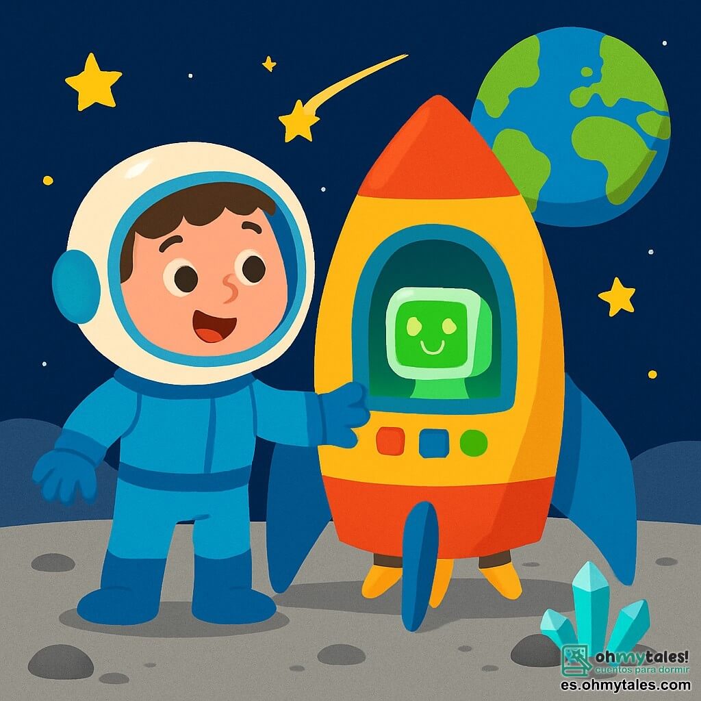 Un hombre, con una sonrisa y ojos brillantes de emoción, lleva un casco espacial brillante y un traje azul. Está de pie junto a su nave espacial, con una mano en el panel de control, listo para explorar. Dentro de la nave, una pequeña inteligencia artificial, representada por una pantalla sonriente, ilumina la habitación con una suave luz verde, añadiendo un toque amigable al entorno. El lugar es un paisaje lunar, con un suelo gris y polvoriento, salpicado de rocas lisas y cristales brillantes bajo la luz de las estrellas. En el fondo, la Tierra aparece como una hermosa esfera azul y verde, flotando en el profundo cielo negro. La situación principal muestra al hombre que acaba de aterrizar en la luna, maravillado por la belleza del espacio. Observa a su alrededor, listo para descubrir este nuevo mundo, mientras una estrella fugaz cruza el cielo, añadiendo un toque de magia al momento.