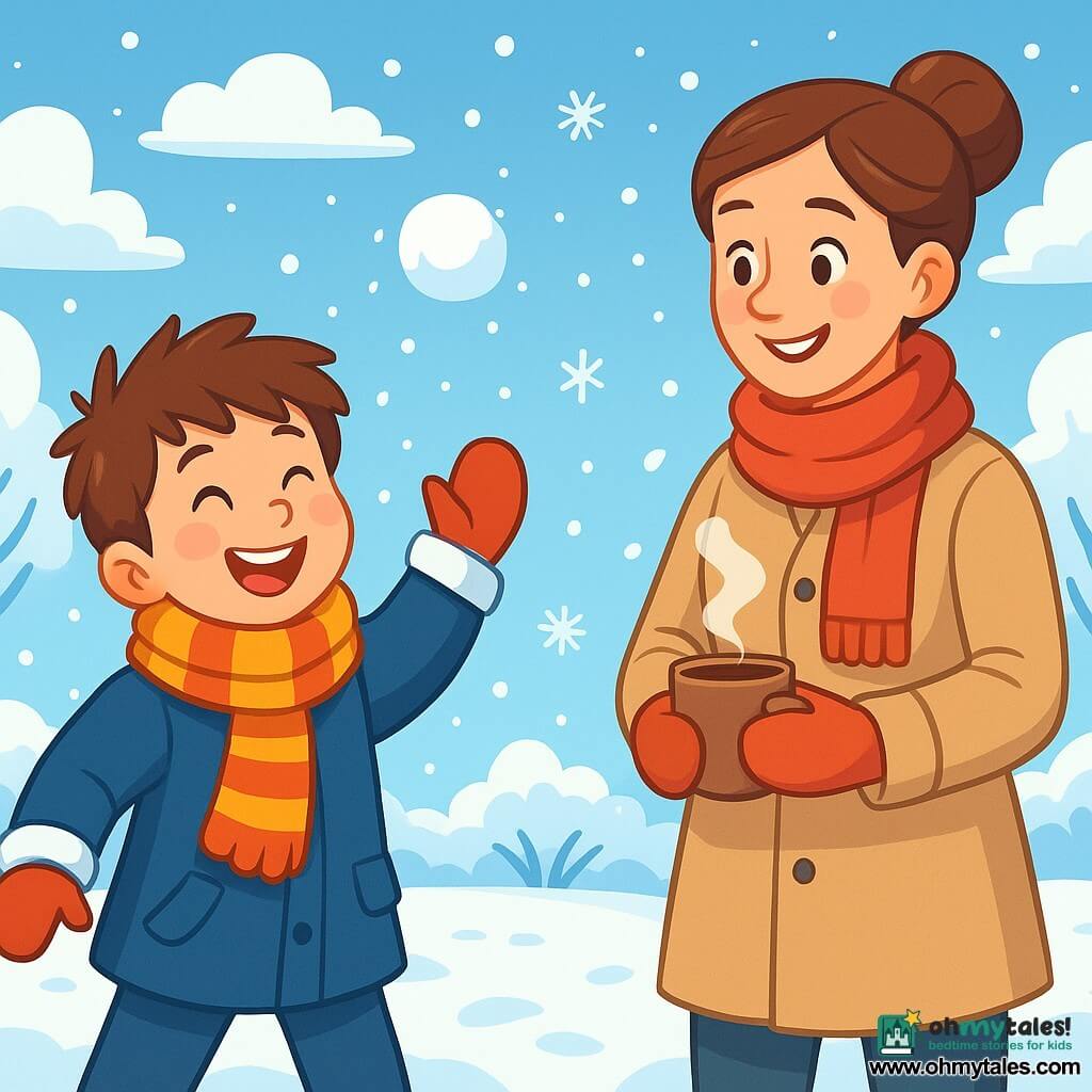 An 8-year-old boy, Max, with messy brown hair and rosy cheeks from the cold, joyfully smiles while wearing a large blue coat and a striped scarf. He is playing in the snow, throwing a snowball into the air, his eyes sparkling with happiness and excitement. Nearby, his mother, a woman in her thirties with brown hair tied in a bun, watches him with a warm smile, holding a steaming cup of hot chocolate. The setting is a snowy garden, with trees covered in sparkling snow and a light blue sky dotted with fluffy white clouds. Snowflakes gently fall around them, creating a magical winter atmosphere. The main scene shows Max having fun in the snow, surrounded by laughter and joy, while his mother encourages him tenderly.
