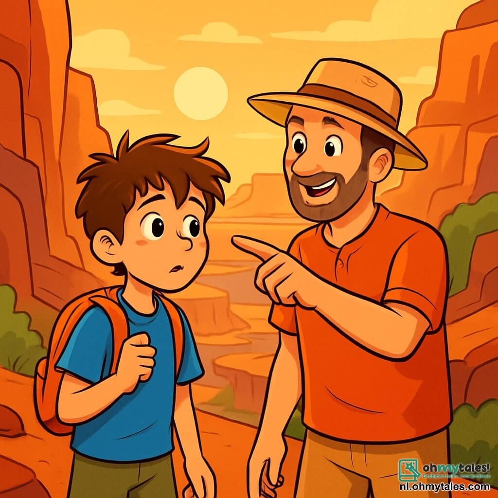 Een 12-jarig jongetje, Max, met rommelig kastanjebruin haar en nieuwsgierige ogen, staat aan de rand van de Grand Canyon. Hij draagt een felblauw T-shirt, kaki shorts en een oranje rugzak, terwijl zijn gezicht verwondering en een vleugje bezorgdheid uitdrukt. Naast hem staat Sam, een man van ongeveer 40 jaar, met een strohoed en een grijsachtige baard, die warm glimlacht terwijl hij naar de rotsformaties wijst. Ze staan allebei op een pad van rood zand, omringd door majestueuze rotswanden die op de achtergrond oprijzen, verlicht door het gouden licht van de zonsondergang. De scène straalt een gevoel van avontuur en ontdekking uit, terwijl Max op zoek is naar zijn verloren gelukssteen, met zijn blik gericht op het indrukwekkende landschap om hem heen.