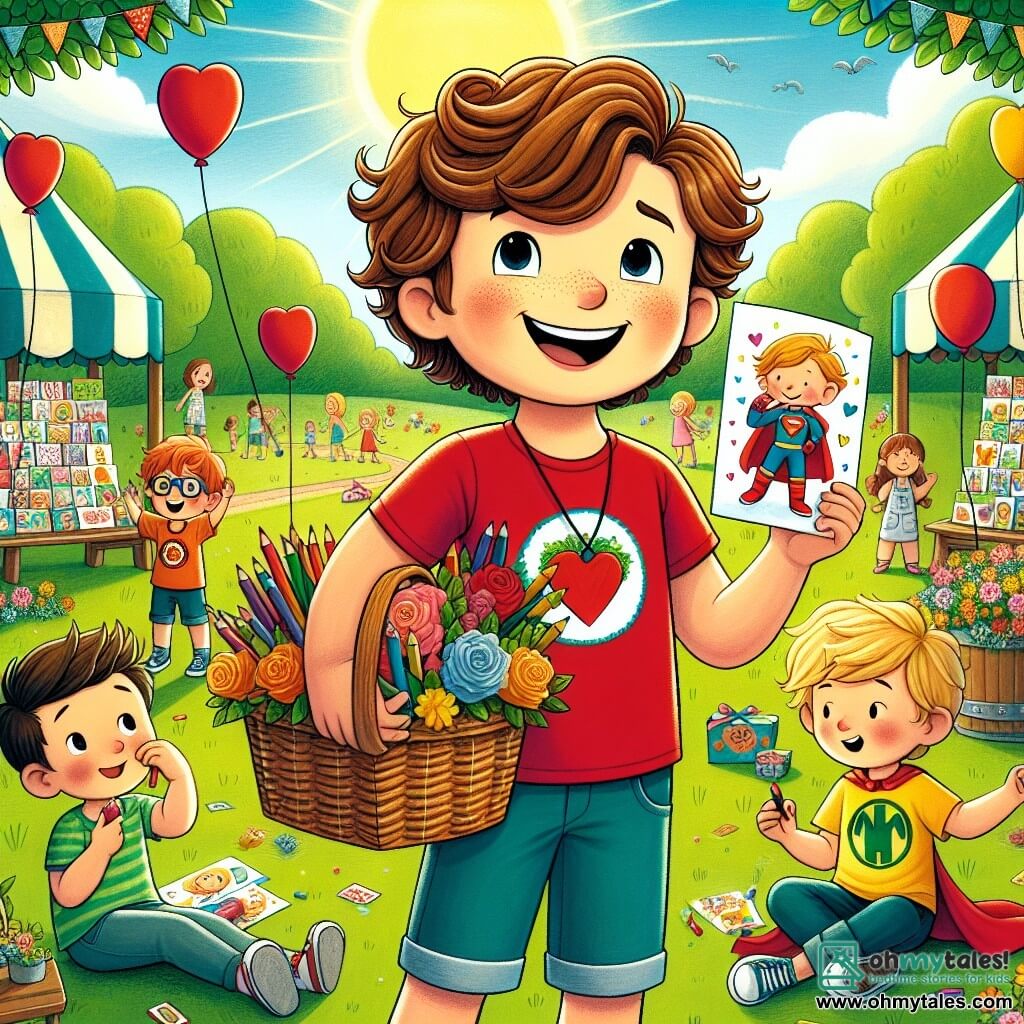 Three boys, Max (9 years old, with brown curly hair, wearing a red t-shirt and blue shorts), Leo (8 years old, with straight blonde hair, dressed in a green t-shirt and shorts), and Finn (9 years old, with wavy brown hair, wearing a yellow t-shirt and jeans), are gathered in a sunny park surrounded by colorful flowers and lush trees. Max stands in the center, holding a large basket filled with handmade cards and small gifts, beaming with a bright smile. Leo, to his right, is drawing on a card with colored pencils, while Finn, to the left, proudly shows an illustrated superhero card to his mother, who stands nearby, amazed by their surprise. The park is lively, with families laughing and balloons floating in the blue sky. Decorated stands with colorful flowers and garlands create a festive atmosphere, while children play around a large green lawn. The main scene shows the boys preparing a surprise for their moms, with expressions of joy and excitement on their faces, ready to celebrate Mother's Day with love and creativity.