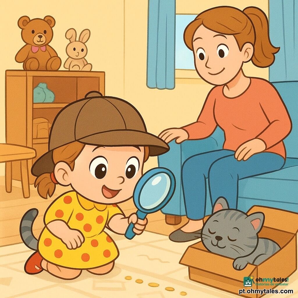 Uma menina de 2 anos, entusiasmada e curiosa, com duas pequenas tranças, olhos grandes e brilhantes, usa um chapéu de detetive grande e um vestido amarelo com bolinhas vermelhas; ajoelha-se e segue uma trilha de migalhas com uma lupa colorida. Uma mulher adulta (mãe, ~30 anos), sorridente e gentil, cabelo castanho-claro apanhado em rabo de cavalo, está junto ao sofá observando a menina com a mão no encosto. Um gato tigrado cinza, redondo e fofo, acompanha-se esfregando-se na perna dela, com bigodes visíveis e olhar travesso. Sala de estar luminosa e acolhedora: tapete bege com padrões geométricos, pequena mesa de madeira clara, caixa de cartão aberta com uma almofada dentro onde um ursinho de pelúcia azul dorme, sofá azul claro e prateleiras com peluches ao fundo; cena doce, cores vivas, contornos nítidos, atmosfera lúdica e segura.