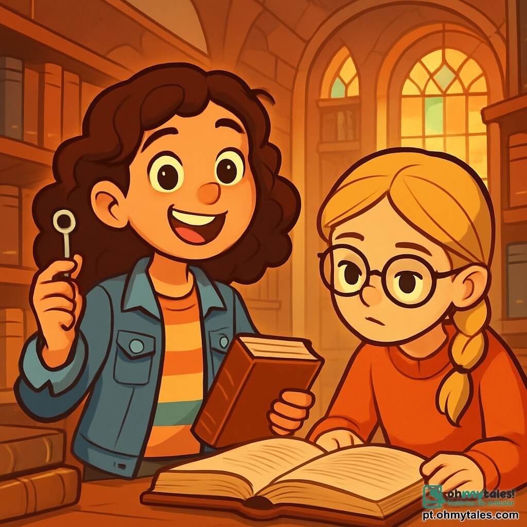 Uma menina de 12 anos, com cabelos castanhos e cacheados, usa uma jaqueta jeans e uma camiseta colorida. Seu rosto expressa uma excitação contagiante, com grandes olhos brilhantes e um sorriso radiante. Ela segura uma pequena chave prateada em uma mão e um livro antigo na outra, olhando ao redor com curiosidade. Ao seu lado, outra menina de 12 anos, com cabelos loiros trançados e óculos redondos, observa atentamente um velho livro aberto em uma mesa. Ela usa um suéter de lã macio e tem uma expressão concentrada, como se estivesse buscando uma resposta nas páginas. O ambiente é uma biblioteca antiga, com grandes estantes de madeira cheias de livros empoeirados. Raios de luz filtram através de grandes janelas adornadas com vitrais coloridos, iluminando a cena com uma atmosfera acolhedora e misteriosa. As duas amigas estão descobrindo um segredo escondido em um livro antigo, cercadas pela mágica da biblioteca, prontas para resolver um novo enigma juntas.