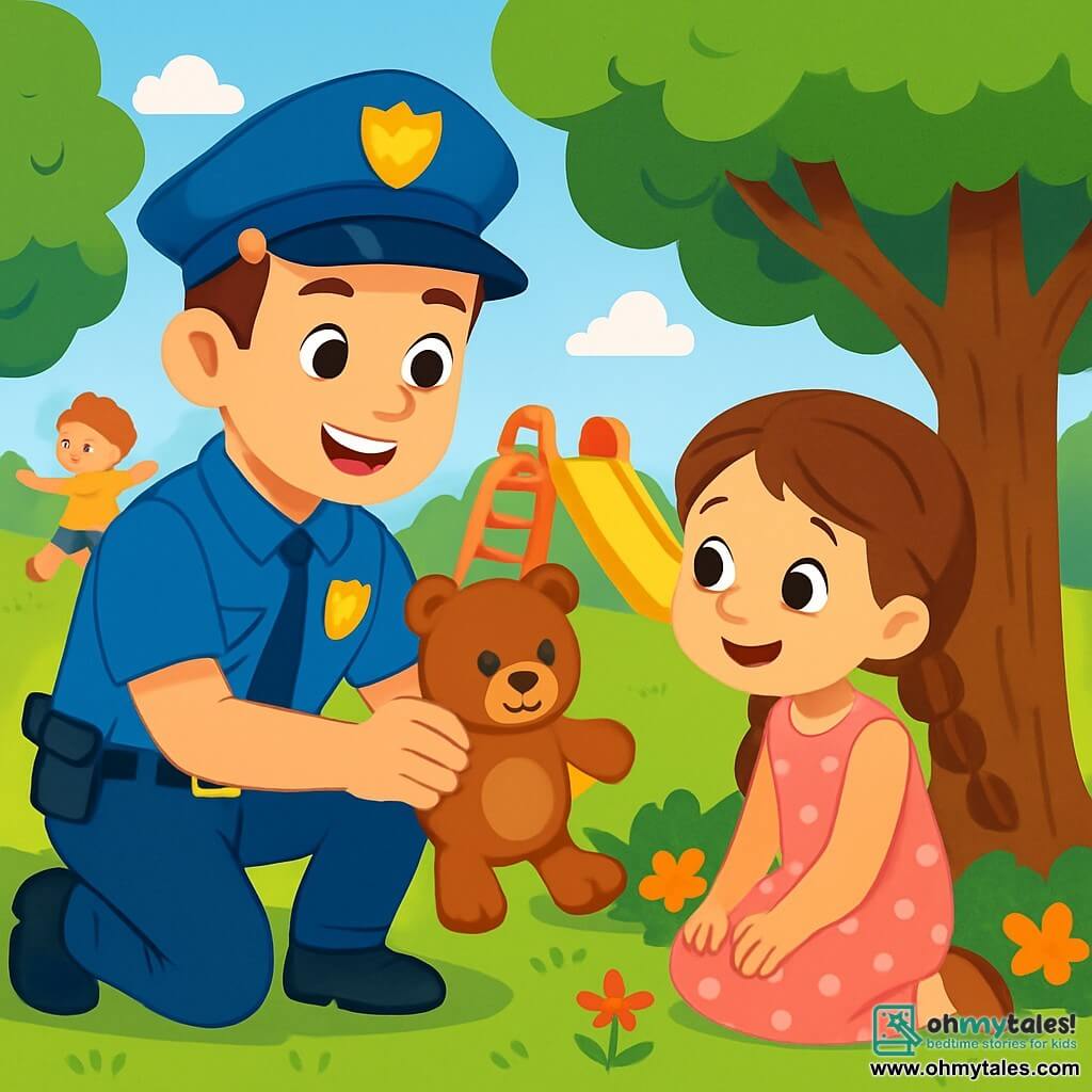A smiling young police officer, a man about 25 years old, wears a bright blue uniform and a police hat. His face is joyful and determined, with sparkling eyes full of kindness. He is crouched down, helping a little girl find her lost teddy bear. The little girl, Lily, is about 6 years old, with long brown braided hair and a pink polka-dot dress. She is sitting on the grass, looking hopefully at the teddy bear under a tree. The setting is a sunny park, with lush green trees, colorful flowers, and a large slide in the background. Children are playing joyfully around, adding a lively and cheerful atmosphere to the scene. The main focus shows the officer and Lily searching for the teddy bear together, with smiles on their faces, symbolizing cooperation and kindness.