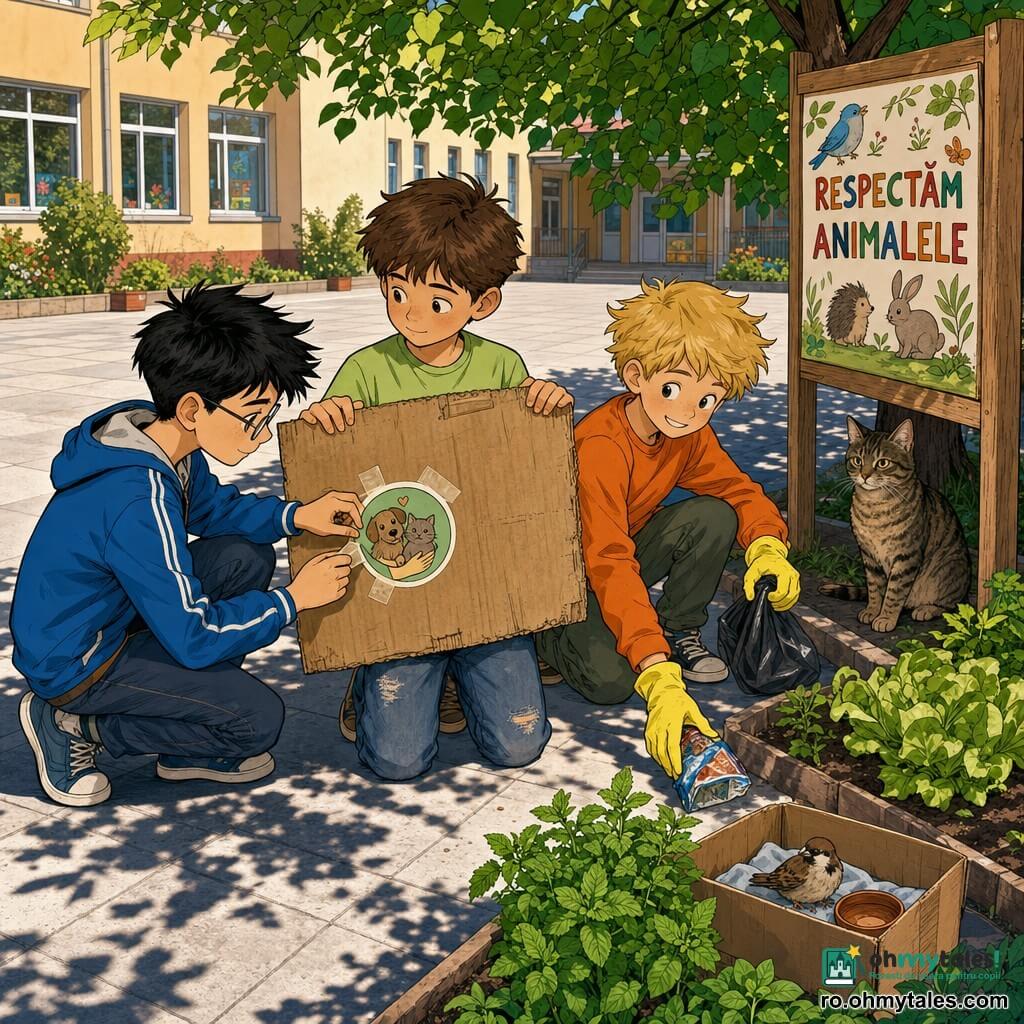 Sunt trei băieți: Andrei, ~10 ani, păr brun scurt, tricou verde deschis, jean uzat, ține un afiş mare din carton reciclat; Vlad, ~11 ani, păr negru pieptănat, ochelari subțiri, jachetă albastră, lipește un autocolant pe afiş cu bandă adezivă; Matei, ~10 ani, păr blond ciufulit, hanorac portocaliu, culege un pachet de gunoi cu mănuși galbene și zâmbește. Loc: curtea unei școli însorite cu dale gri, paturi de compost și un colț de grădină cu mentă și salată, bănci și un panou de lemn la intrare; umbre de frunze de tei. Situația: băieții montează lângă grădină un panou colorat „RESPECTĂM ANIMALELE” cu desene de lăbuțe; lângă ei e o vrabie îngrijită într-o cutie de carton și o pisicuță tigrată stă la umbră, observând, scenă vie, culori calde, gesturi colaborative (lipește, strânge, ține).