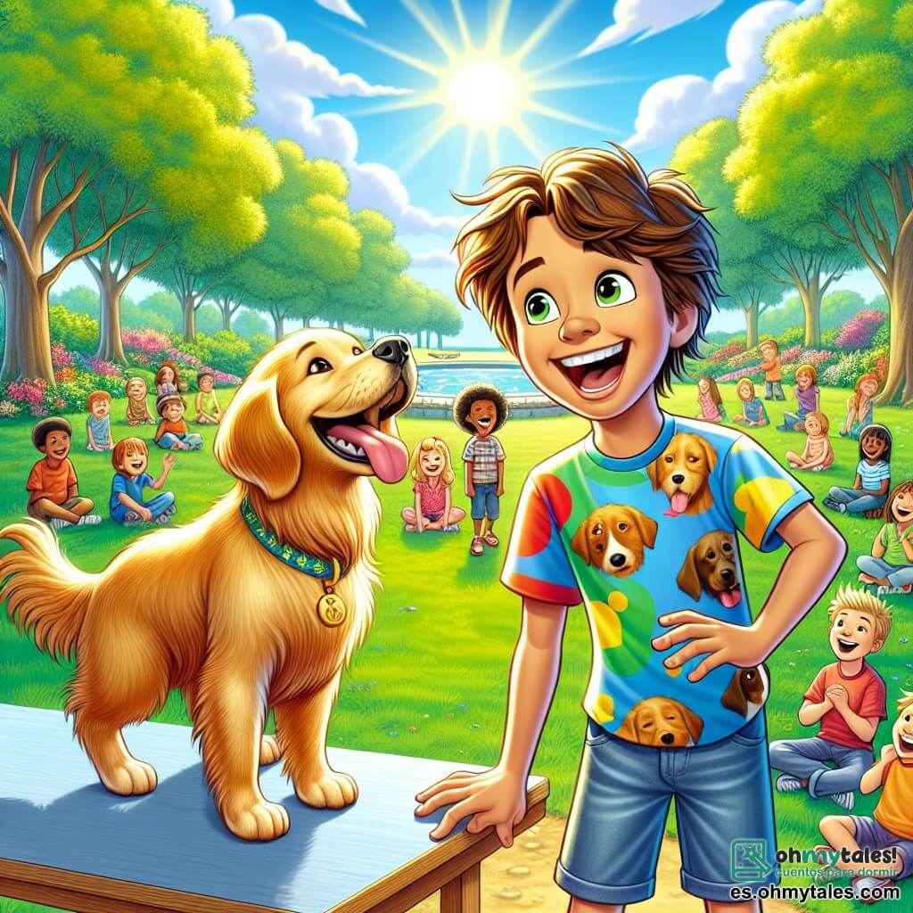 Un niño de 12 años, Lucas, con el cabello castaño desordenado y ojos chispeantes de picardía, está de pie sobre una mesa en un parque soleado, riendo a carcajadas. Lleva una camiseta colorida con estampados de perros y un short de mezclilla. A su lado, su perro Rolo, un golden retriever de pelaje dorado, se sostiene sobre sus patas traseras, contando un chiste con una expresión alegre y traviesa. En el fondo, niños de diferentes edades, sonriendo y riendo, escuchan atentamente, sentados sobre la hierba verde salpicada de flores coloridas. El parque está lleno de árboles majestuosos con hojas brillantes, y un cielo azul claro se extiende arriba, salpicado de algunas nubes esponjosas. La escena principal muestra a Lucas y Rolo en un espectáculo cómico, cautivando la atención de todos los niños a su alrededor, creando una atmósfera de alegría y risas contagiosas.